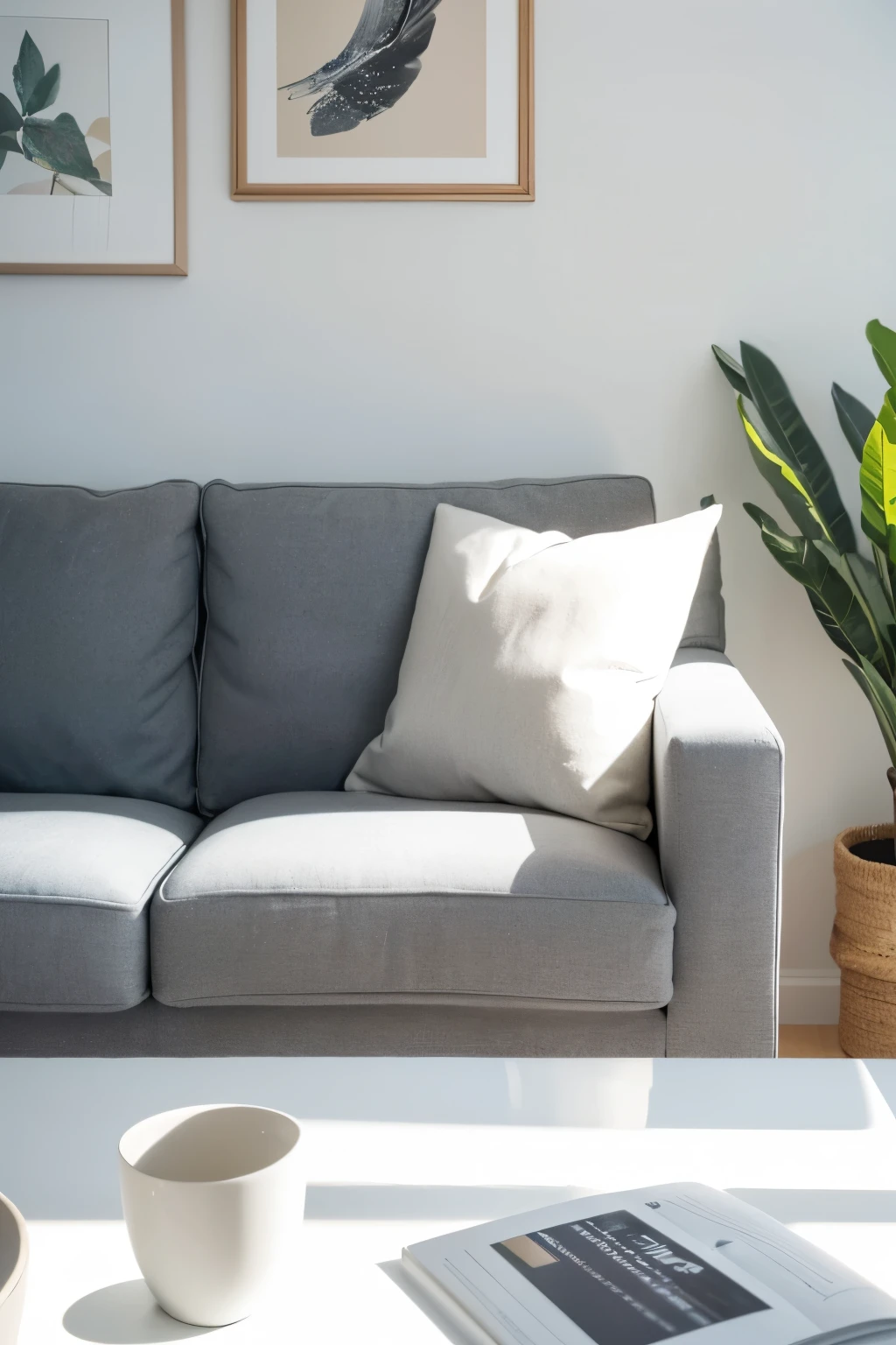Close-up front view of a comfortable gray sofa with Many details, minimal design house, 9am light up, MacBook, Magazine, Book, vase, ((high quality)), ((Many details)), ((color) real)), ((real light)),Blurred background of windows and white wall,There are paintings on the wall