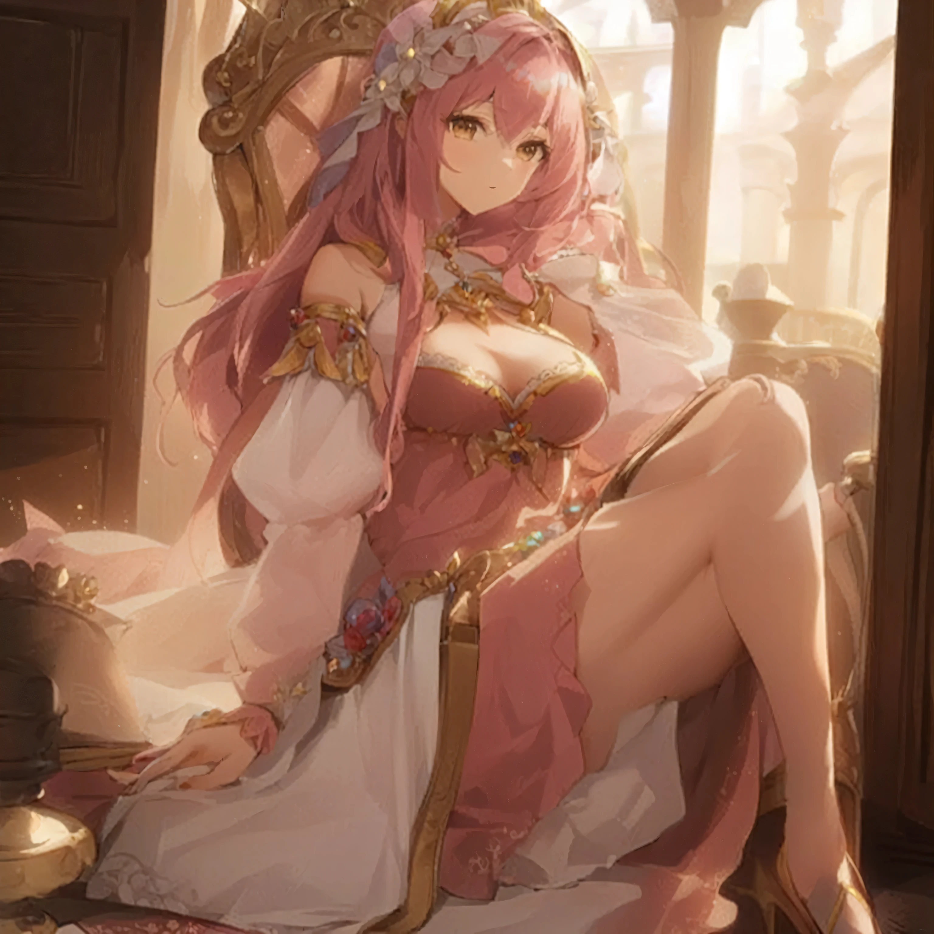 a woman in a pink dress sitting on a bed with a chair, anime goddess, golden brown eyes ((a beautiful fantasy empress)), guweiz, 8k high quality detailed art, lovely languid princess, a beautiful fantasy empress, artwork in the style of guweiz, guweiz on pixiv artstation, guweiz on artstation pixiv
