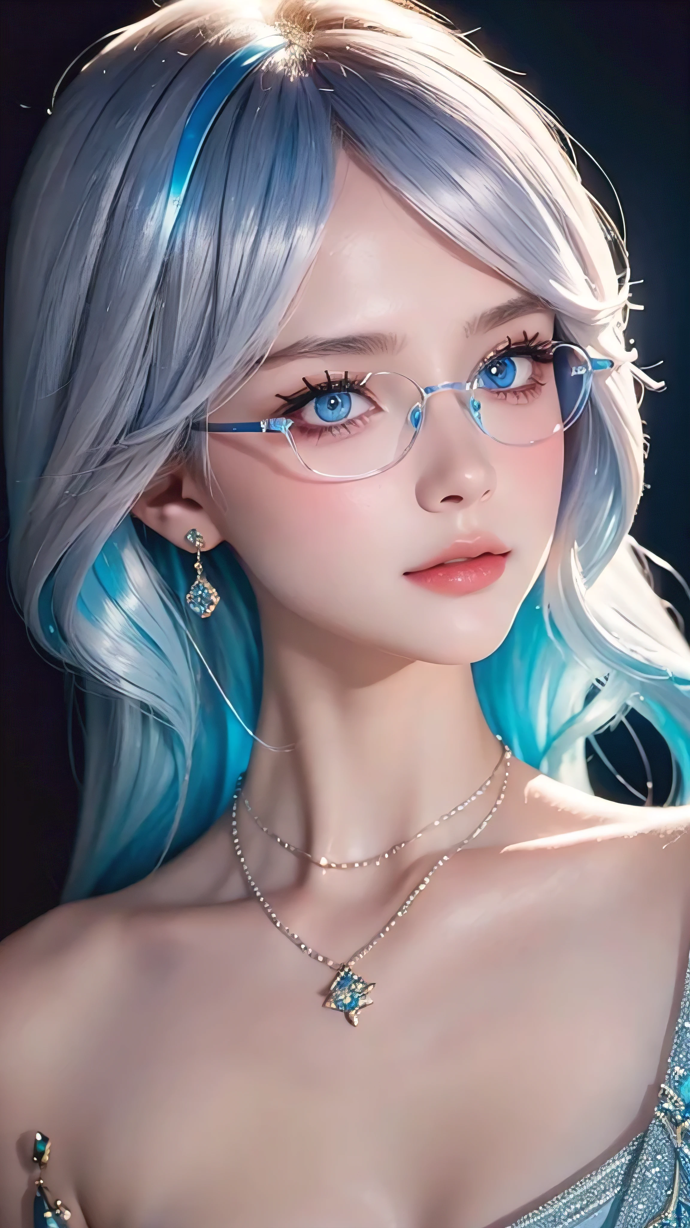 masterpiece, best quality, illustration, Sax blue hair, Platinum earrings, Platinum necklace, White Dress, 1 girl, charming, (Dynamic Lighting:1.2), theater lighting, Exquisite facial features, Delicate blue eyes, wear glasses,Sharp pupils, Realistic students, Depth of Field, Bokeh, Clear focus, (Super detailed, bloom, glow:1.4)