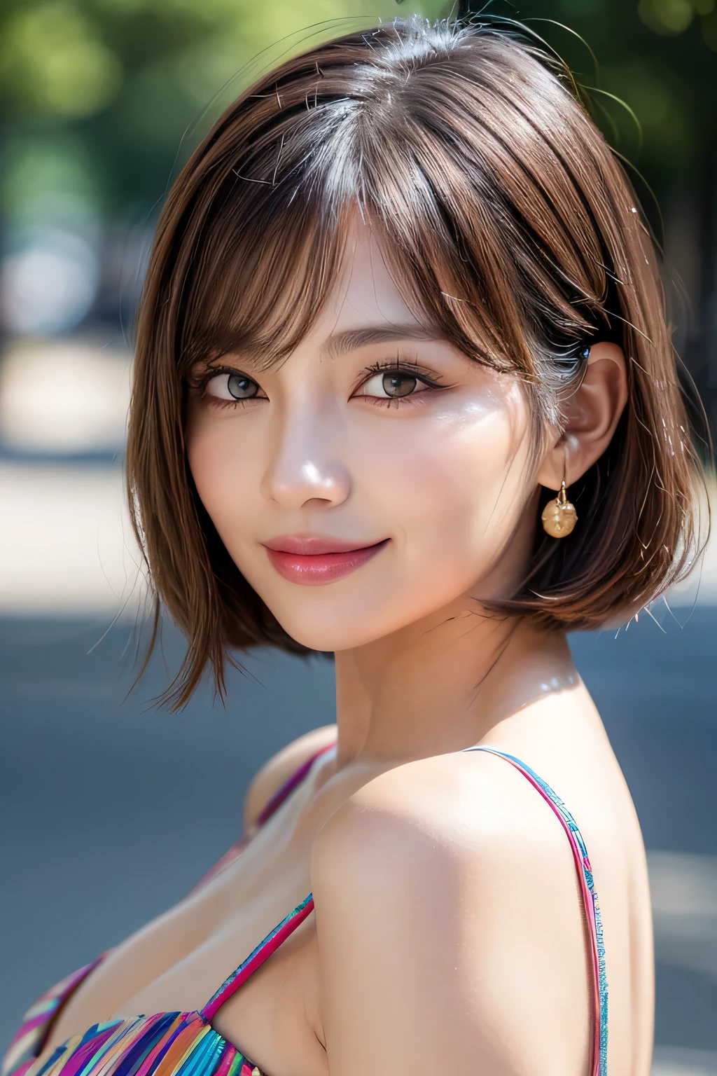 (8k, RAW Photos, highest quality, masterpiece, Realistic, Realistic), (1 female), (The ultimate beautiful middle-aged woman), Highly detailed face, (Perfect Teeth), Beautiful Eyes, double eyelid, eyelash, smile, Lip details, (Neat brunette bob), The light shines on your face, Big Breasts, ((Colorful mini dresses)), (front view), (background: none), Background blur