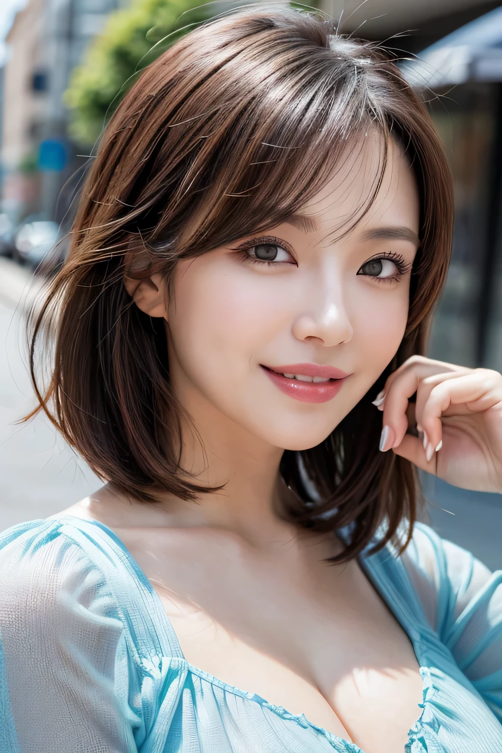 (8k, RAW Photos, highest quality, masterpiece, Realistic, Realistic), (1 female), (The ultimate beautiful middle-aged woman), Highly detailed face, (Perfect Teeth), Beautiful Eyes, double eyelid, eyelash, smile, Lip details, (Neat brunette bob), The light shines on your face, Big Breasts, ((Colorful mini dresses)), (front view), (background: none),  Background blur