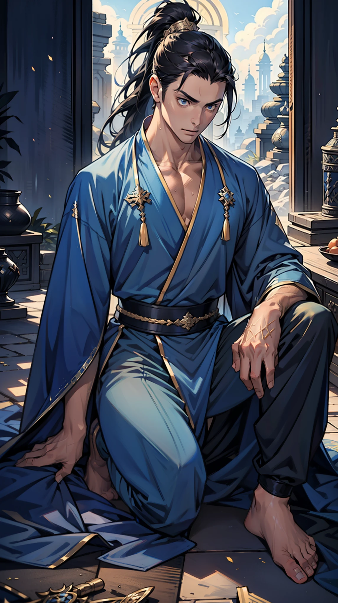 high quality，Best picture quality，Ultra-clear，Level Lighting，Ultra Detailed，Ray Tracing，individual（Young men），Handsome，（Youthful feeling），Black long hair，High Ponytail Hairstyle，blue eyes，Perfect male body，Wearing a blue ancient robe，kneel，Crotch view