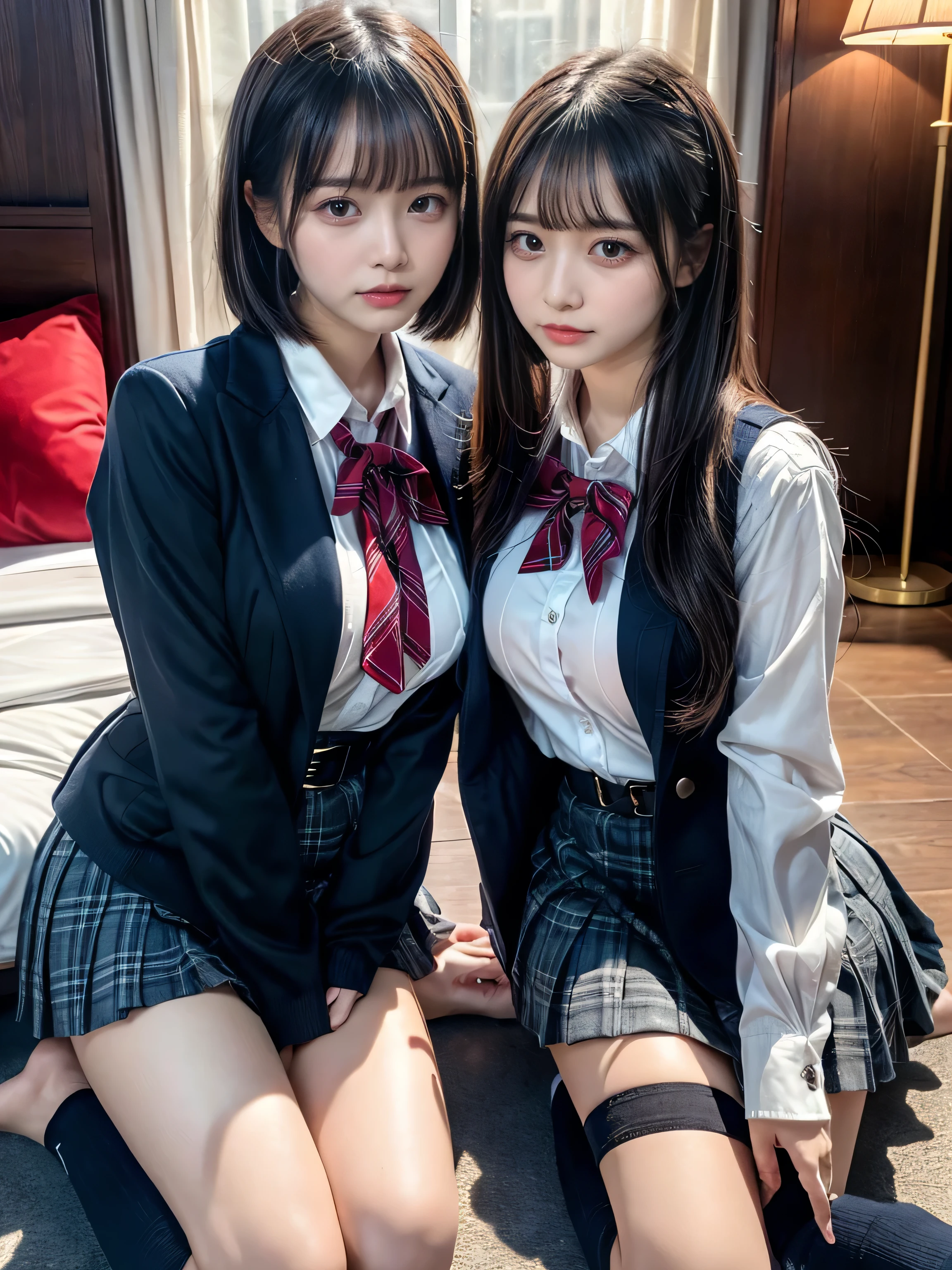 (8K, Raw photography, top-quality, ​masterpiece:1.2), muster piece, best quality, illustration, Super detailed, fine details, High resolution, 8K,wall paper, perfect dynamic composition,(Details High quality, realistic depiction of eyes:1.3), ((2 girls, 2 schoolgirls)), The background is a luxury hotel room、High school girl uniform、blazer 、Super Short Check Uniform Skirt、Navy blue high socks、garterbelts、Colossal tits、Disturbed uniform, Play with each other,Touching each other's bodies,Touching the body of the girl next door, short bob hair, black hair color, huge breasts, Big Natural Color Lip, bold sexy pose, (perfect body shape), crying a little、cold gaze, Harajuku style、Beautiful makeup,glitter makeup,Cutest 18 years old、 beautiful legs, hposing Gravure Idol, Voluptuous thighs