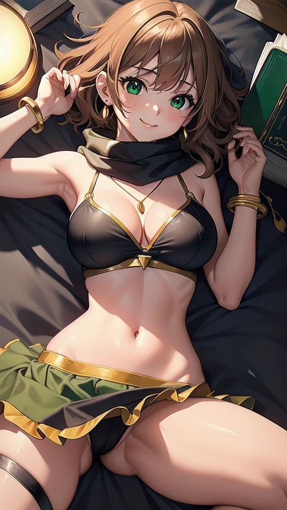 masterpiece, best quality, 1 solo girl, light brown hair, green eyes, short hair, medium breasts, sexy body and face, wavy hair, smile, sleeveless shirt, scarf, black thigh-high, mini skirt, pendant, bracelet, jewelry, earrings, feather hair ornament, book, lying at the bed, night, sexy pose, cowboy shots, detailed body, face, and eyes, sharp focus, vibrant, creative, dynamic, high definition, high resolution, 8k, (Upscale: R-ESRGAN 4x+ Anime6mage enchance:4x), voluptuous body, cinema lightning, dakimakura style, looking at the viewer,
