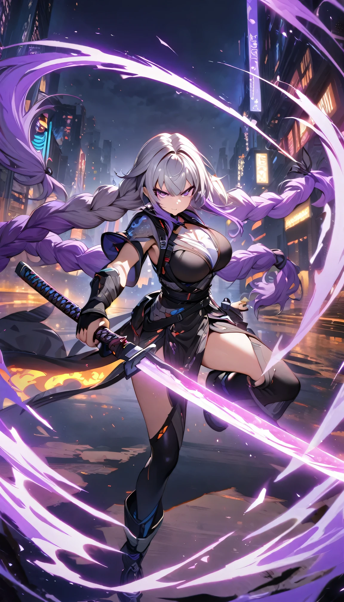 Night view, yinji , 1 Girl, purple hair,purple eyes,very long hair,grey hair,double braid,large breasts,gradient hair, Full body portrait of a man posing fiercely against a neon-lit city background, Holding a samurai sword glowing in the dark. Have a tattoo, Super detailed, ready to fight, Serious expression, Super detailed samurai sword ,cool, personality, brave,masterpiece, best quality, (Highly detailed CG Unity 8k wallpaper) (best quality), (Best Illustration),