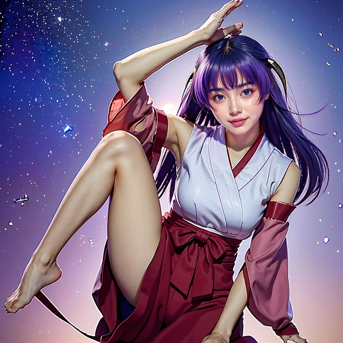 ultra-detailed, Explicit, Beautiful body, Beautiful Nose, Beautiful character design, perfect eyes, perfect face, ultra highres, 4K, beautiful legs, perfect legs, Nice hands, Perfect hand, Masterpiece, Best Quality, Highly detailed, illustration, absurdres, perfect anatomy, expression of joy, glowing eyes, looking at viewer, mystic aura, female priestess, full body, goddess-like, happy trance, perfect female body, smile, japanese clothes, miko, detached sleeves, hakama, hakama skirt, red hakama, ribbon-trimmed sleeves, joyful eyes, horns, extending the right arm from the shoulder into the air with a straightened hand, 1girl, hair ornaments, purple hair, long hair, purple eyes, (((pixel-perfect, detail-perfect))), solo, 1girl, Hanyuu, higurashi when they cry, umineko when they cry, medium sized natural breasts