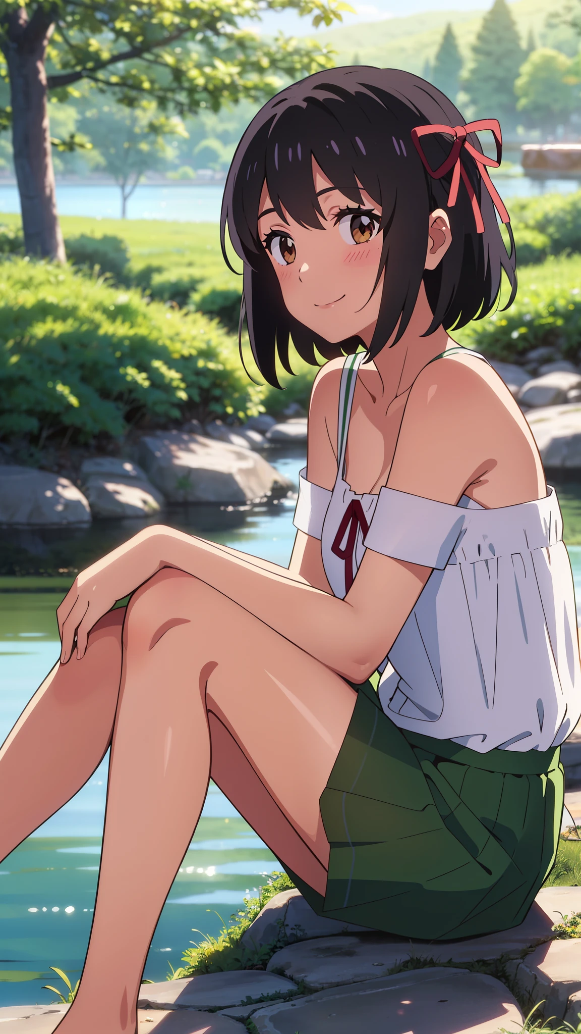 shinkai makoto, kimi no na wa., 1girl, bangs, black hair, blush, brown eyes, shinny skin, red headband, red bow, red ribbon, green camisole, green skirt, plaid skirt, bare shoulders, bare-legged, short hair, smile, cute, solo, happy, Rainforest background, in the forest, night, night sky