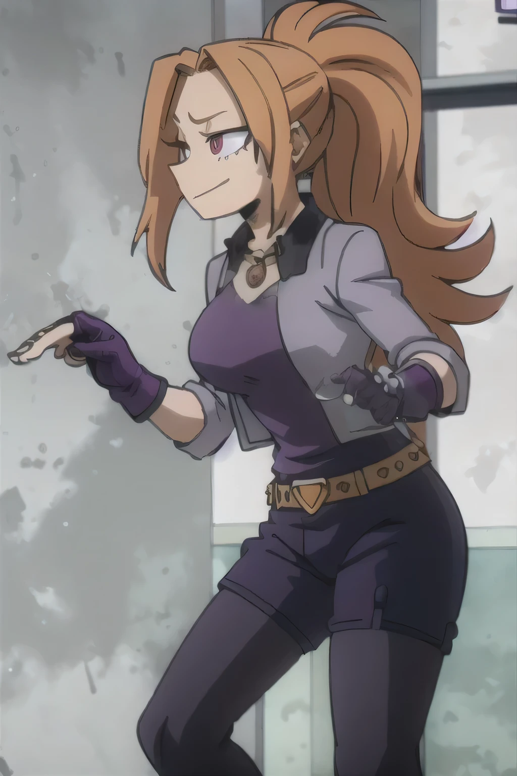1 girl, big breasts, long curly hair, orange hair, ponytail, magenta eyes, smirk, dress, purple jacket, dark purple shirt, purple shorts, pantyhose, fingerless gloves, belt, jewelry, red pendant, spikes, boots