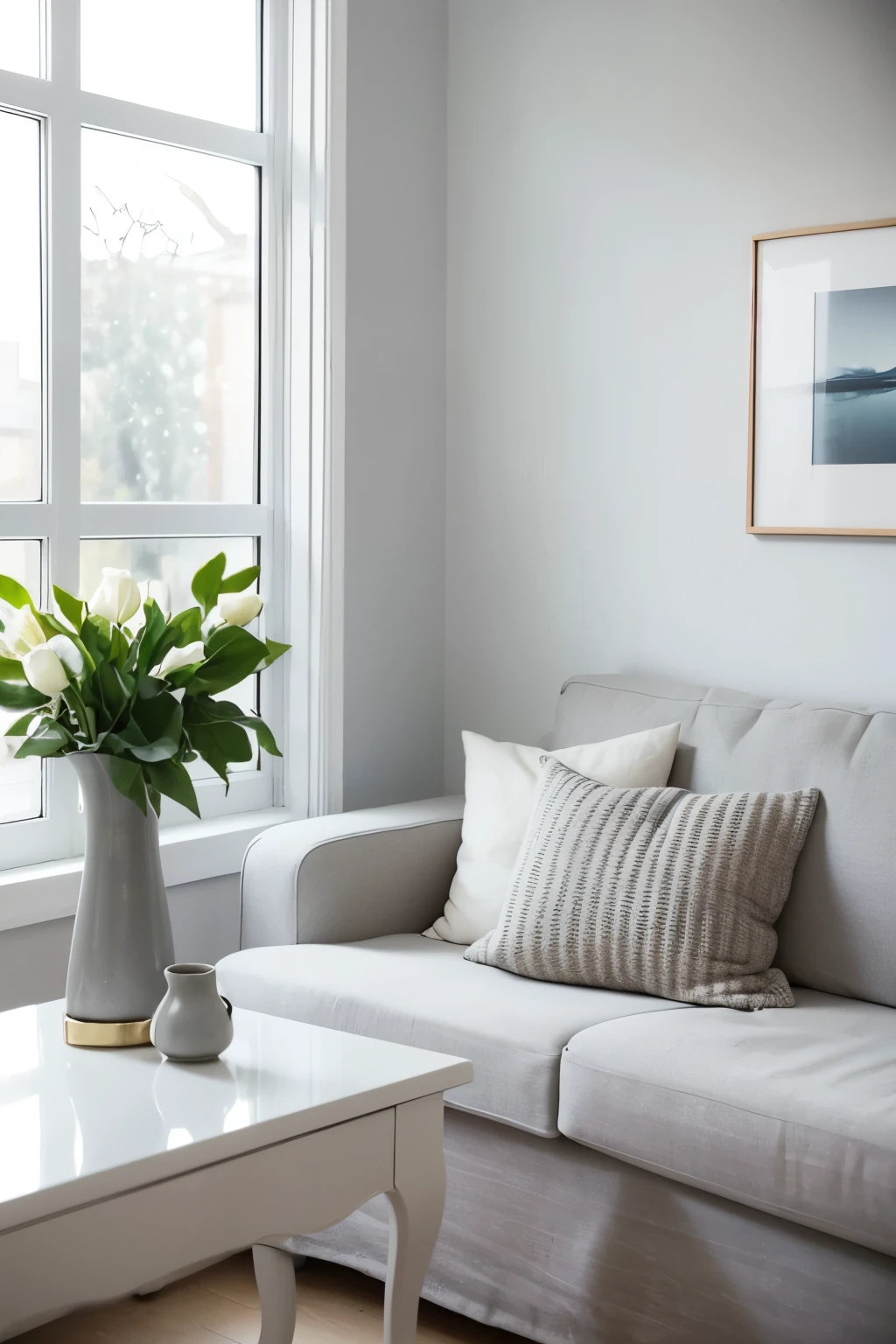 Close-up front view of a comfortable gray sofa with Many details, minimal design house, 9am light up, MacBook, Magazine, Book, vase, ((high quality)), ((Many details)), ((color) real)), ((real light)),Blurred background of windows and white wall，There are paintings on the wall