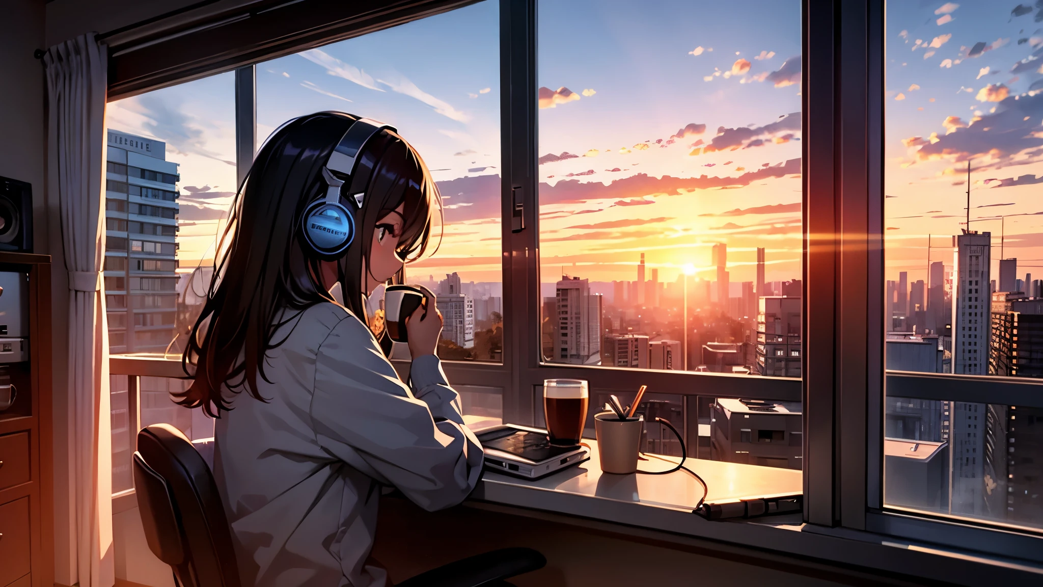 A girl studying while listening to the radio in her room, wearing headphones. I'm drinking coffee.Looking out the window Back view sunset