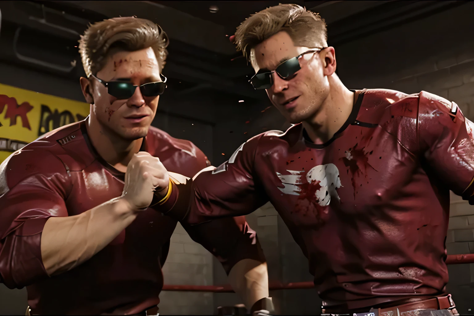 (Johnny Cage), 1boy, cocky smirk, sunglasses, fighting, fists, Mortal Kombat, Character Design, dynamic lighting, cool and bright colors, red T-shirt, trouser, upper body shot, blood, indoors