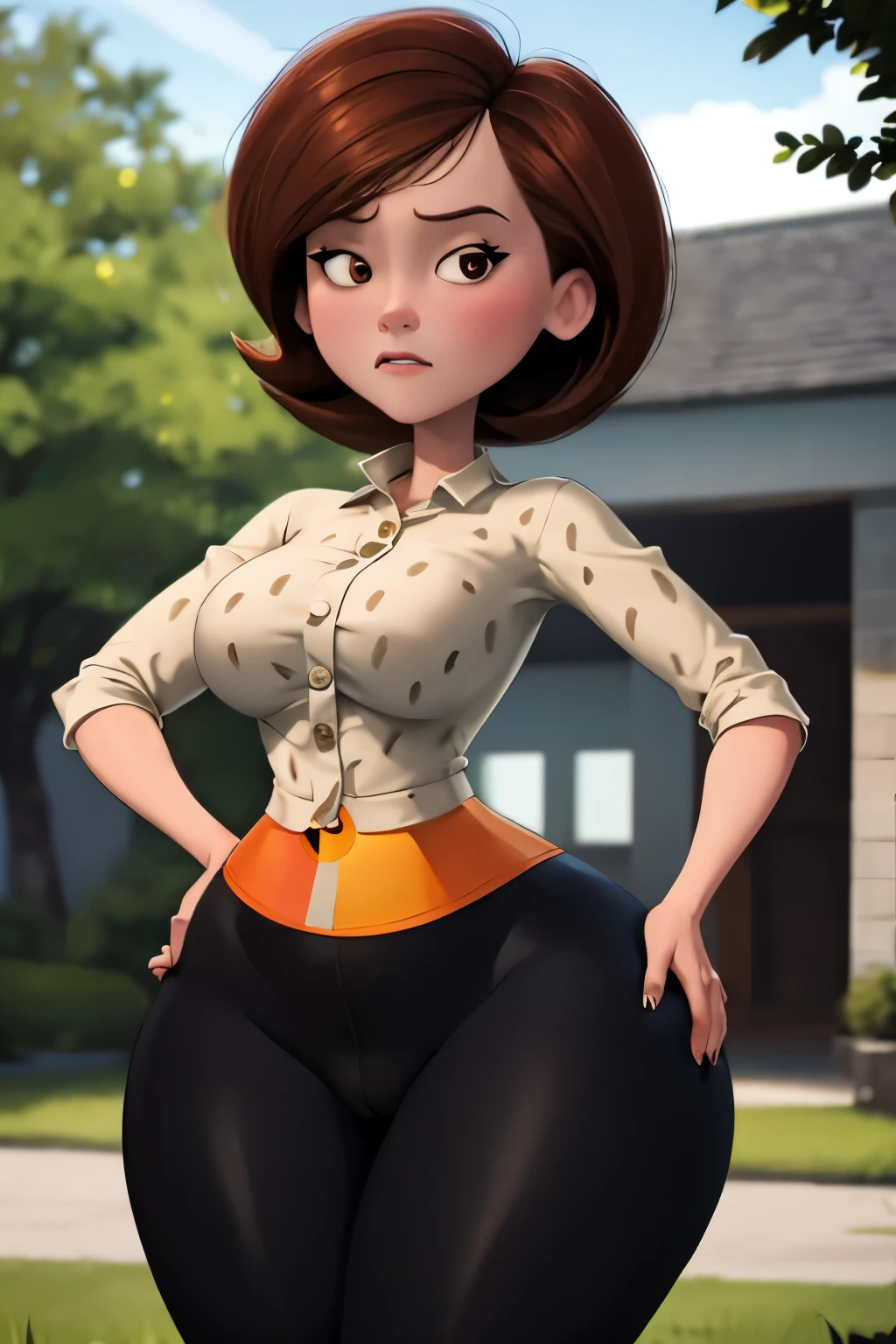 masterpiece, best quality, beautiful face, beautiful eyes, outdoors, lens flare, depth of field, 1girl, solo, looking at viewer, breasts, helenparr, helen parr,, polka dot, collared shirt, dress shirt, buttons, black pants, hands on hips, medium breasts, big ass, thick thighs, wide hips, bend over, see through pants, buttcrack,