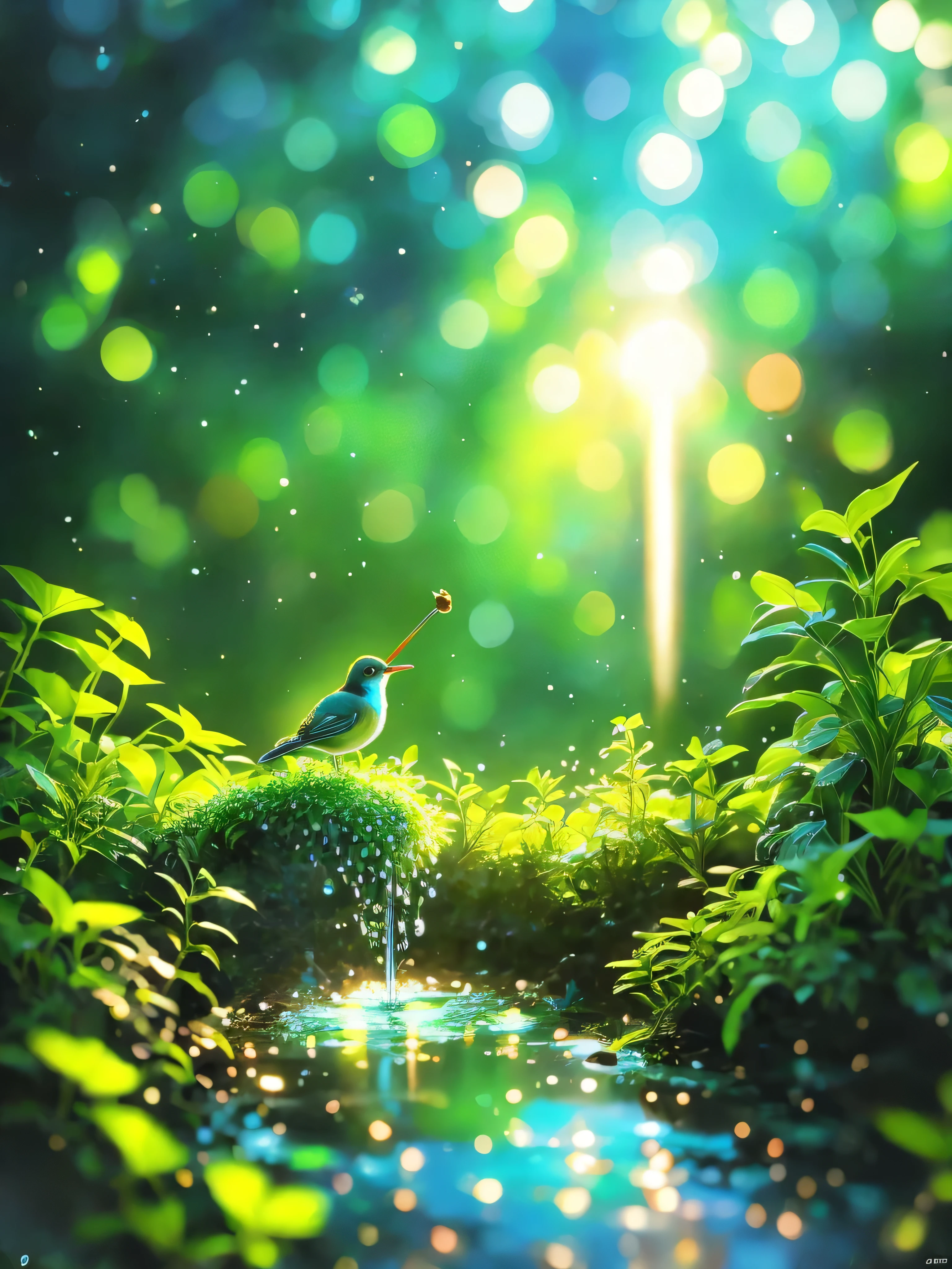 masterpiece, Macro photo of a bird drinking water in the forest, night, mushroom, Dew Drops, High contrast, Studio Ghibli style, very complicated, Very detailed, Realistic style