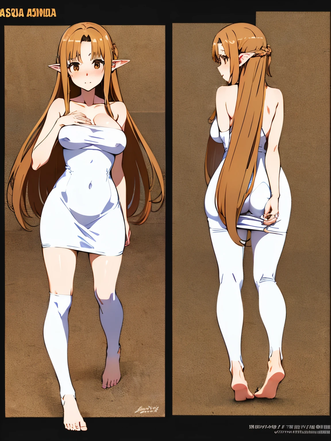 NSFW,Yuuki Asuna、Long Hair、Brown Hair、(Brown eyes:1.8),(White high-quality tight dress:1.5),belly button、Bare shoulders、barefoot、Pointy Ears、abdomen、Elf、Long legs,Big Breasts,Cleavage,clavicle,(Perfect hands),(Perfect Anatomy),(masterpiece),(highest quality),Embarrassed,blush,circular bed