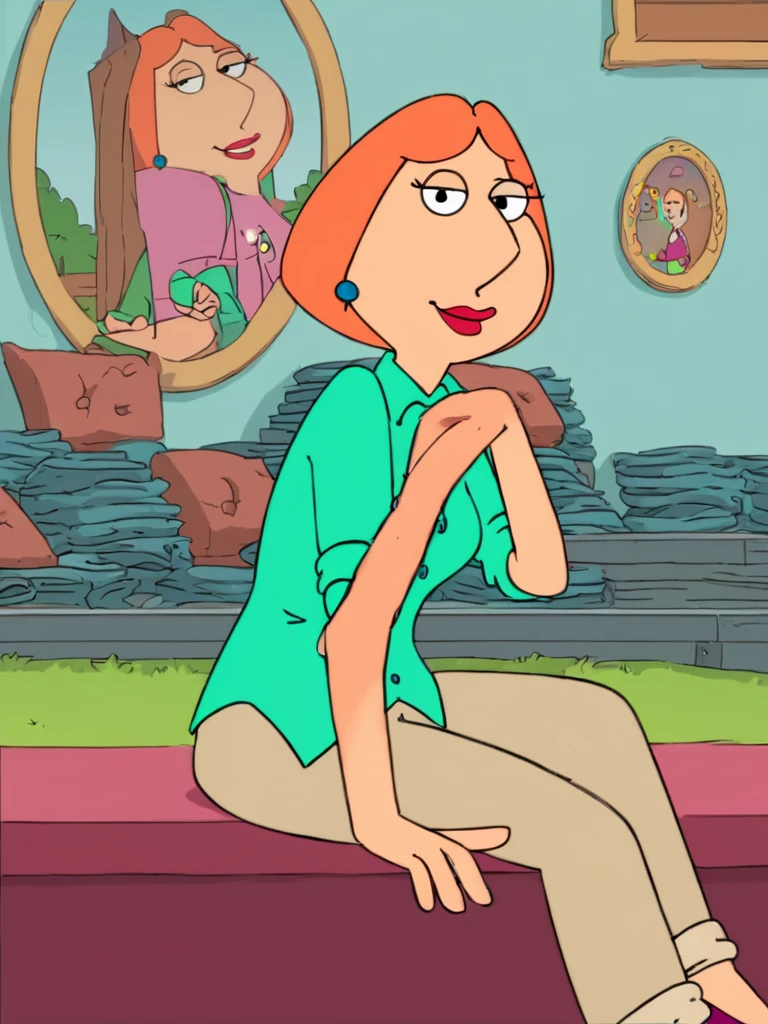 ,score_9, score_8_up,,lois, 1girl, blue earrings, jewelry, short hair, solo, lipstick, makeup, orange hair, aqua shirt, beige pants, breasts, flat color, smile,looking at viewer,sitting on coach,