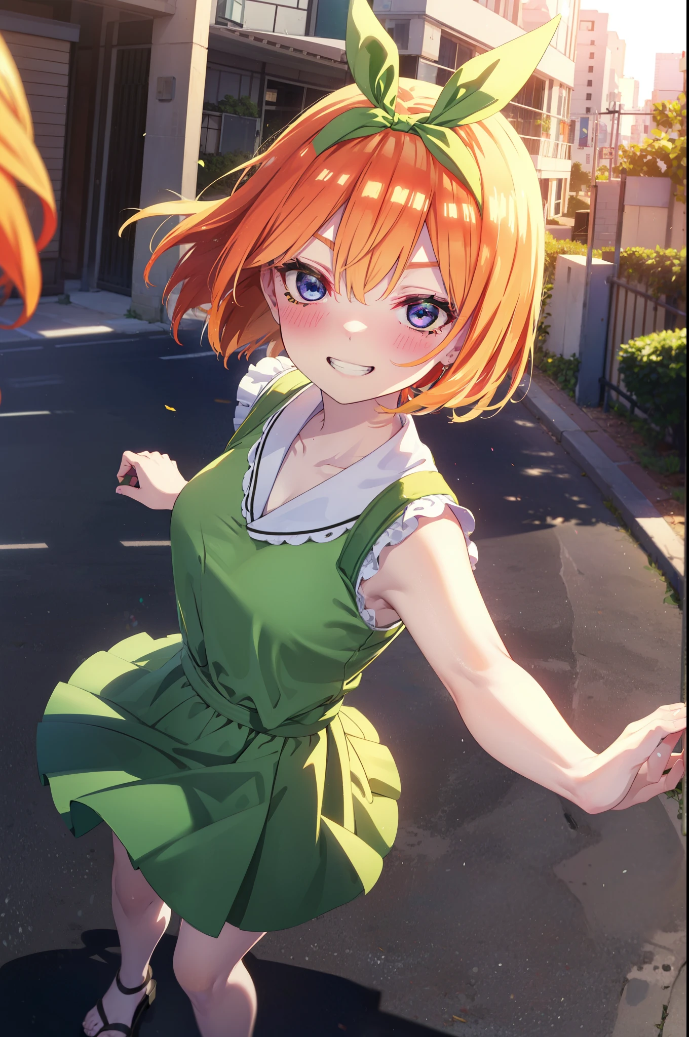 yotsubanakano, yotsuba nakano, bangs, short hair, blue eyes, Hair between the eyes, hair ribbon, hair band, Orange Hair, (Green ribbon:1.5), smile, Grin,smile,Sleeveless green dress,Bare arms,Green long skirt,Cute heeled sandals,sunset,evening,The sun goes down,My hair is blowing in the wind,whole bodyがイラストに入るように,Looking down from above,
break outdoors, city,海岸通り
break looking at viewer, whole body,
break (masterpiece:1.2), highest quality, High resolution, unity 8k wallpaper, (shape:0.8), (Beautiful details:1.6), Highly detailed face, Perfect lighting, Highly detailed CG, (Perfect hands, Perfect Anatomy),