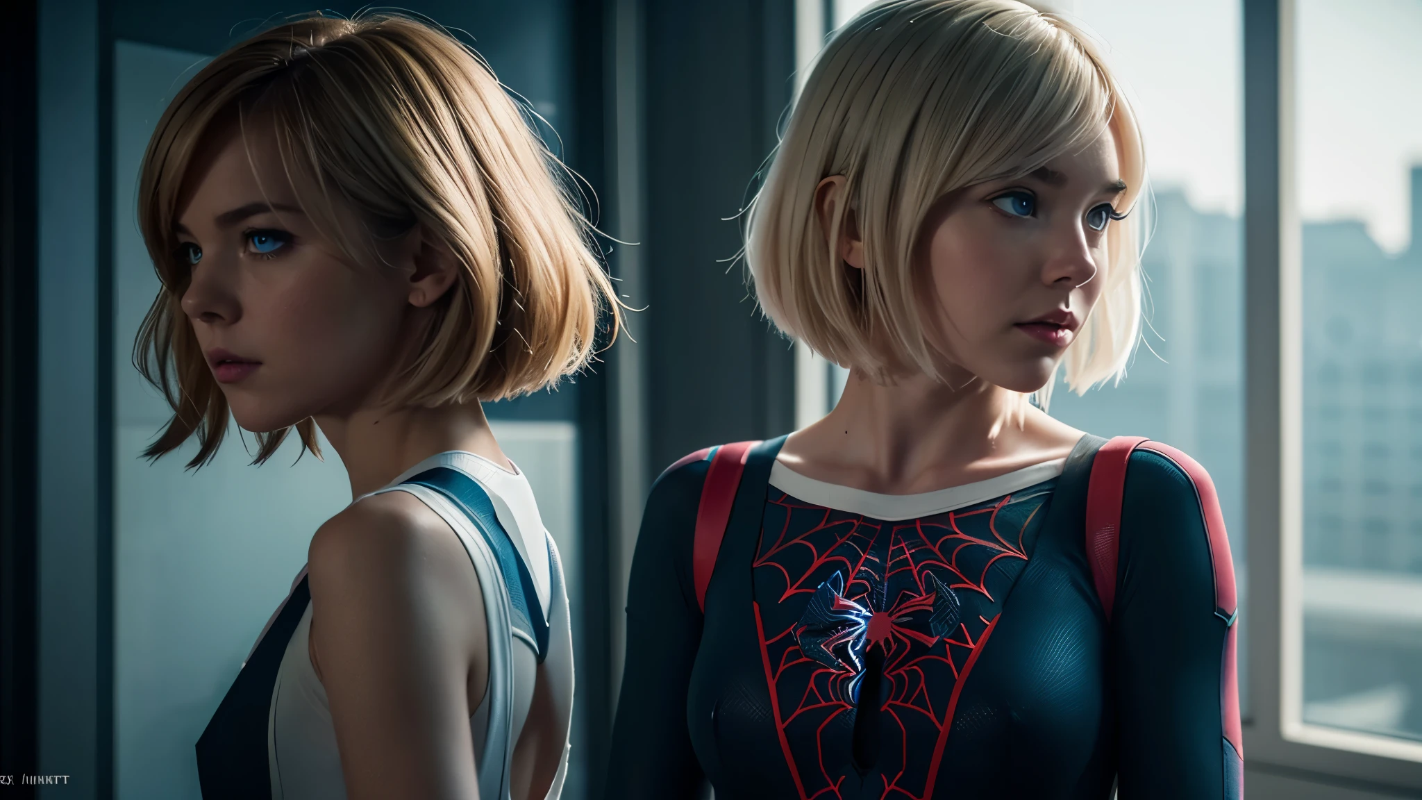 (((1 girl))), ((Spider-Gwen)), ((Spider-Gwen Outfit)), ((Spider-Gwen Haircut)), Textur, filmgrain, Hautporen, dusty atmospheric haze, Vignettierung, Falten, komplizierte Details:0.2 Intricate dramatic cinematic movie stills of a beautiful, elegant, Augenkontakt, (herablassendes, wirkliches Leben, HDR (Hoher dynamischer Bereich), Raytracing, NVIDIA RTX, super resolution, Unreal 5, selbstbewusstes Grinsen)1.2, (niedriger Winkel)1.2, Bokeh im Vordergrund, hasselblad RAW dramatisches Foto, (blue eyes), (city in Background), ((High detailed eyes))