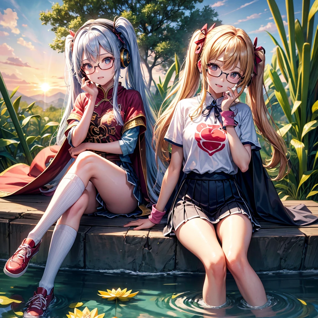 Pink gold golden hair、Golden Eyes、One good looking girl、Twin tails、solo、anime、Checkered mini skirt、The skirt has buttons、Red T-shirt、China、Cape、Black knee-high socks、Wearing headphones、Wearing a ribbon、Ribbon on waist、Tilting face、Teeth are visible、Sunset sky、Water Mountain、Piercing the clouds、Contrail、Red lens glasses、tree、Touching your face、lotus leaves、Cumulonimbus、bamboo forest、Lying down、Glass