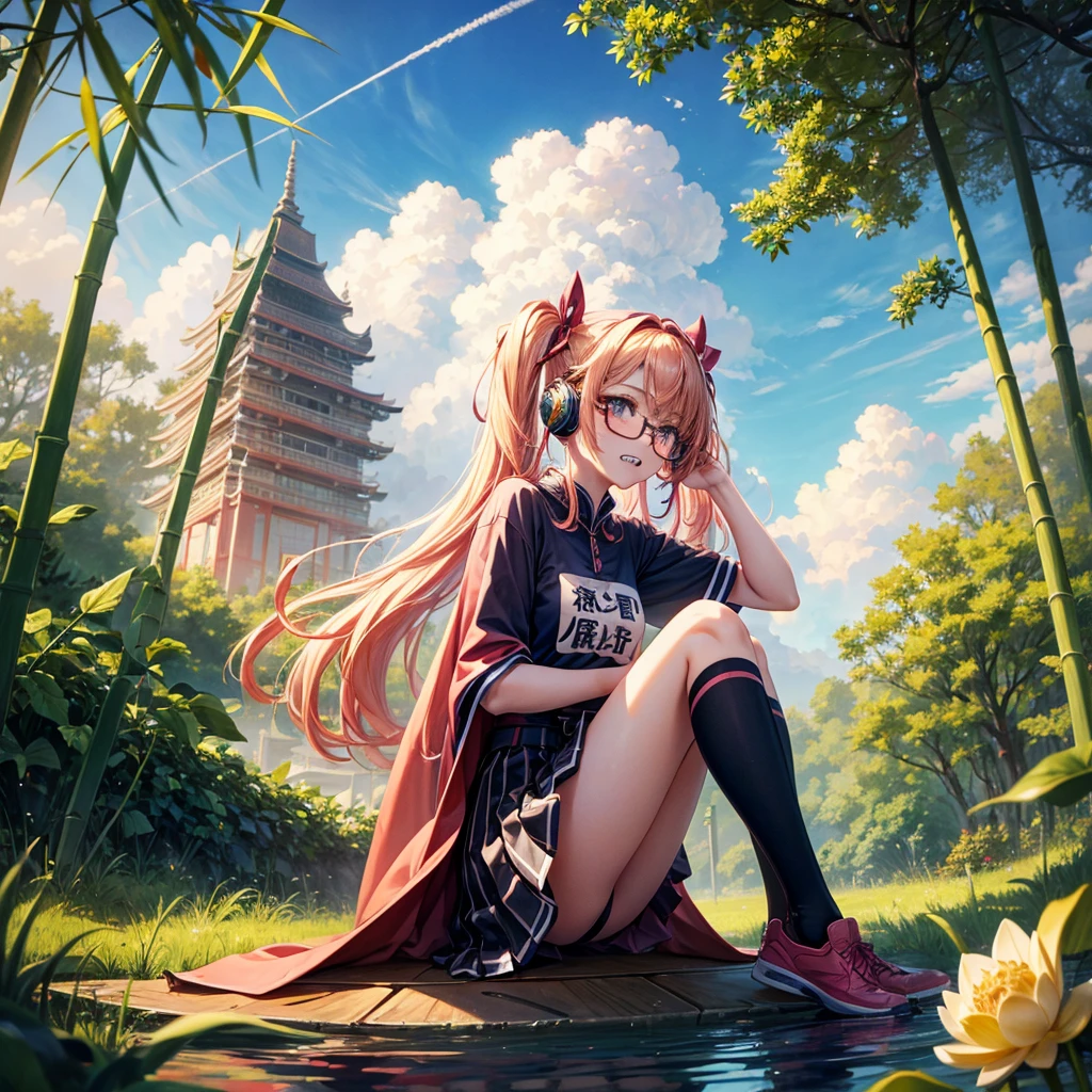 Pink Blue Gold Golden Hair、Golden Eyes、Two good looking girls、Twin tails、solo、anime、Checkered mini skirt、The skirt has buttons、Red T-shirt、China、Cape、Black knee-high socks、Wearing headphones、Wearing a ribbon、Ribbon on waist、Tilting face、Teeth are visible、Sunset sky、Water Mountain、Piercing the clouds、Contrail、Glasses、tree、Sitting、Touching your face、lotus leaves、canal、Cumulonimbus、bamboo forest、Facing each other