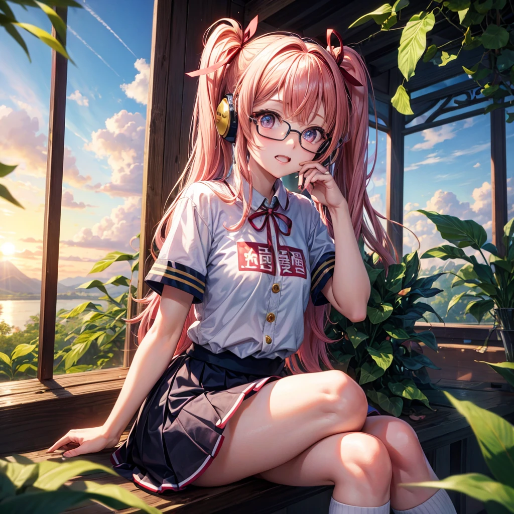 Pink Blue Gold Golden Hair、Golden Eyes、Two good looking girls、Twin tails、solo、anime、Checkered mini skirt、The skirt has buttons、Red T-shirt、China、Cape、Black knee-high socks、Wearing headphones、Wearing a ribbon、Ribbon on waist、Tilting face、Teeth are visible、Sunset sky、Water Mountain、Piercing the clouds、Contrail、Glasses、tree、Sitting、Touching your face、lotus leaves、canal、Cumulonimbus、bamboo forest、Facing each other