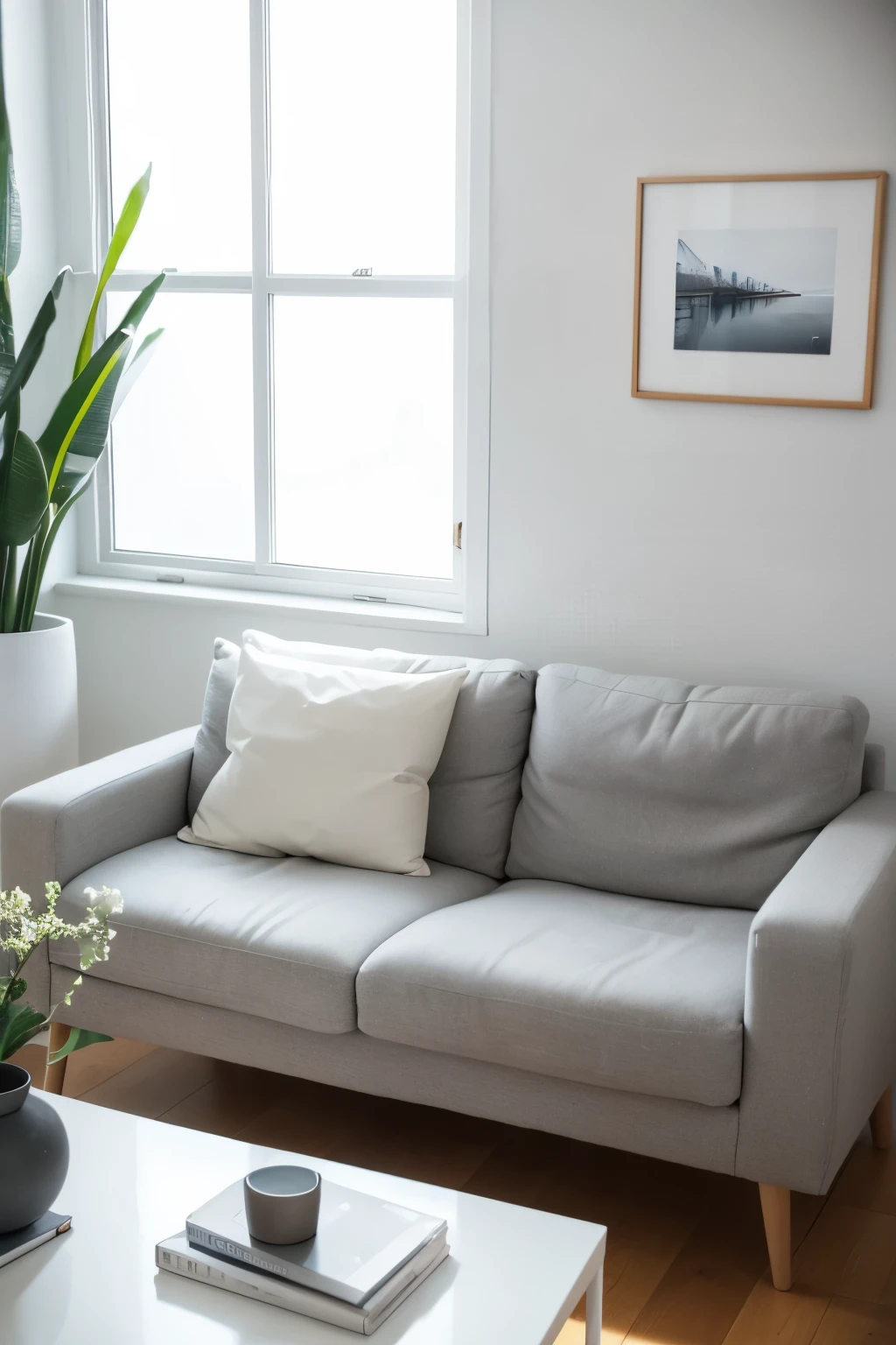 Close-up front view of a comfortable gray sofa with Many details, minimal design house, 9am light up, MacBook, Magazine, Book, vase, ((high quality)), ((Many details)), ((color) real)), ((real light)),Blurred background of windows and white wall,There are paintings on the wall