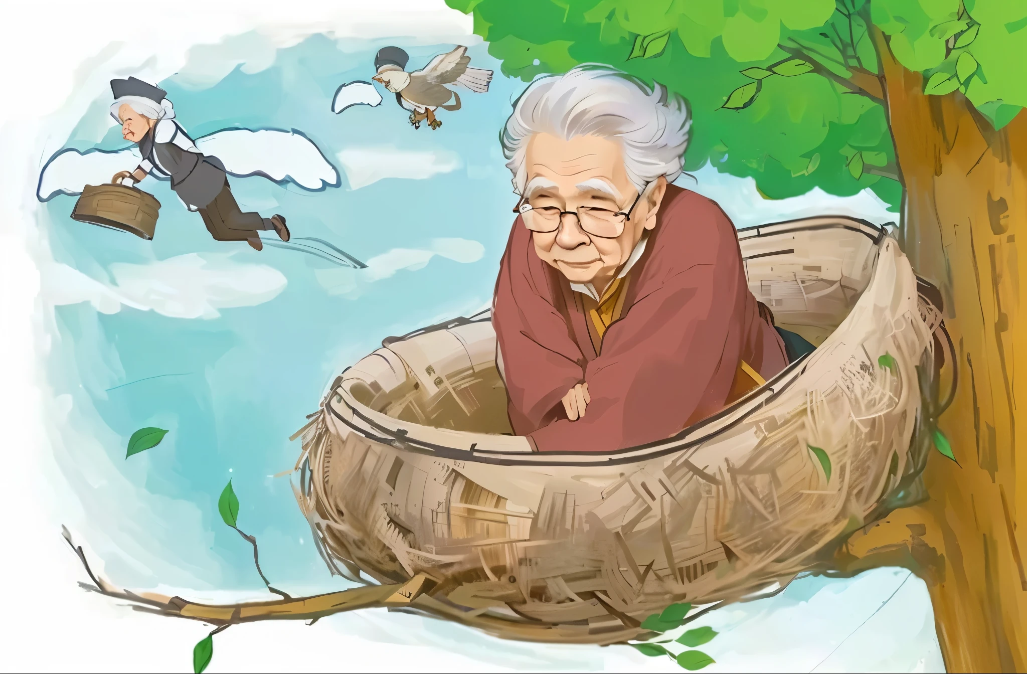 cartoon of an Old woman in a nest with a man flying in the background, elderly妇女, one example, grandmother, Old woman, 自然主义illustration, elderly greek goddess, old lady, 卡通illustration, an old lady, Illustration Art, illustration, cartoon stills, full 彩色illustration, Cartoon Character, Fan Art, 彩色illustration, 彩色illustration, An old man, elderly