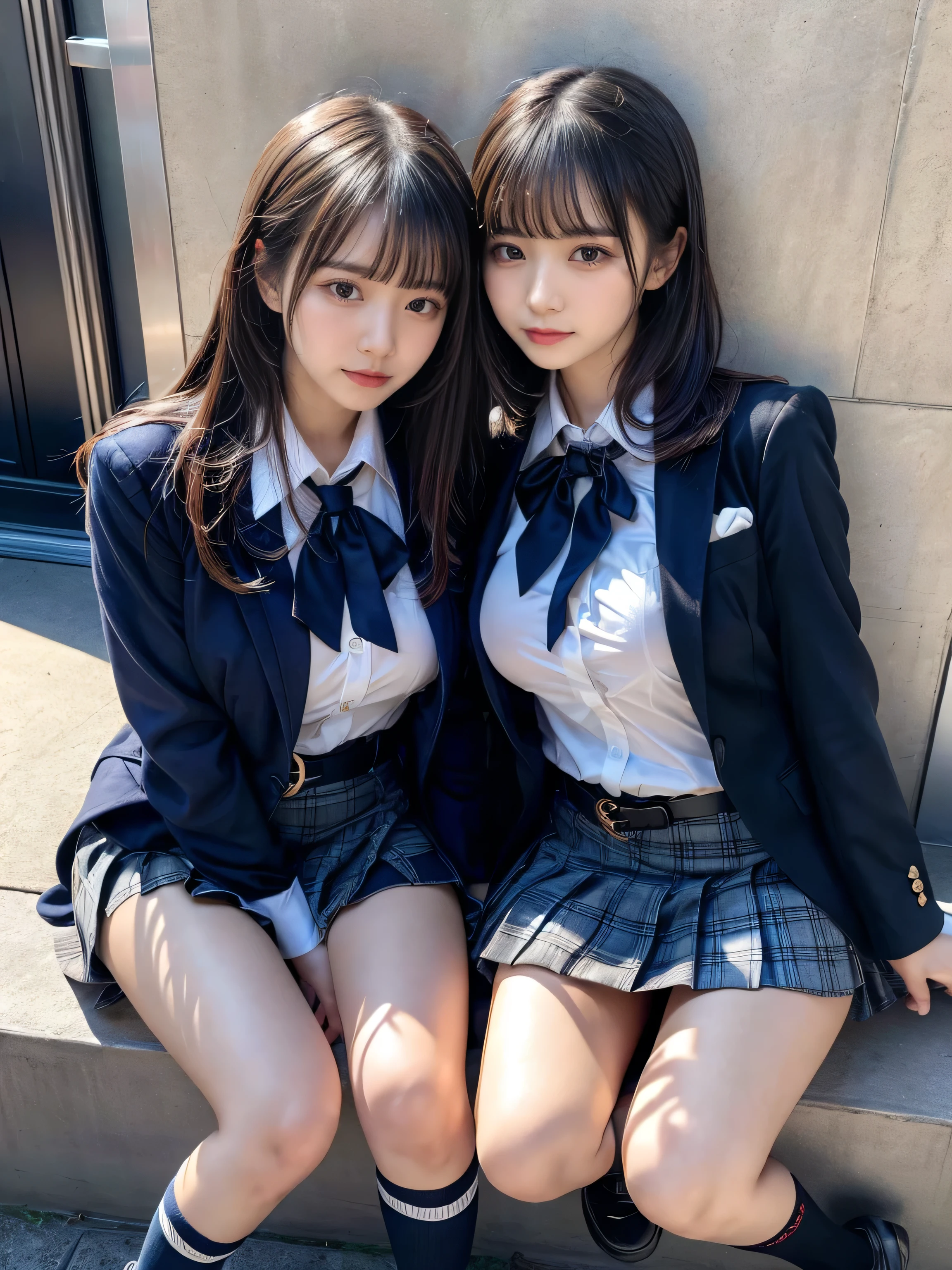 (8K, Raw photography, top-quality, ​masterpiece:1.2), muster piece, best quality, illustration, Super detailed, fine details, High resolution, 8K,wall paper, perfect dynamic composition,(Details High quality, realistic depiction of eyes:1.3), ((2 girls, 2 schoolgirls)), The background is a luxury hotel room、High school girl uniform、blazer 、Super Short Check Uniform Skirt、Navy blue high socks、garterbelts、Colossal tits、Disturbed uniform, Play with each other,Touching each other's bodies,Touching the body of the girl next door, short bob hair, black hair color, huge breasts, Big Natural Color Lip, bold sexy pose, (perfect body shape), crying a little、cold gaze, Harajuku style、Beautiful makeup,glitter makeup,Cutest 18 years old、 beautiful legs, hposing Gravure Idol, Voluptuous thighs