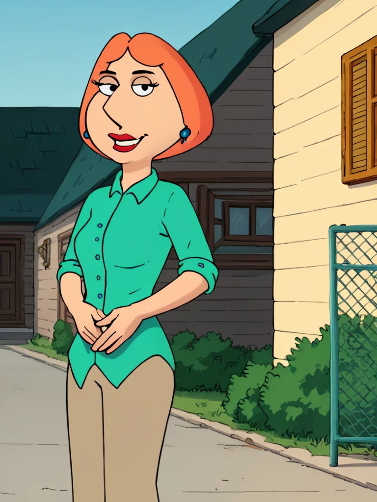 lois,1girl, blue earrings, jewelry, short hair, solo, lipstick, makeup, orange hair, aqua shirt, beige pants,looking at viewer, smile, outdoors,  score_9, score_8_up, score_7_up, score_6_up, score_5_up, score_4_up