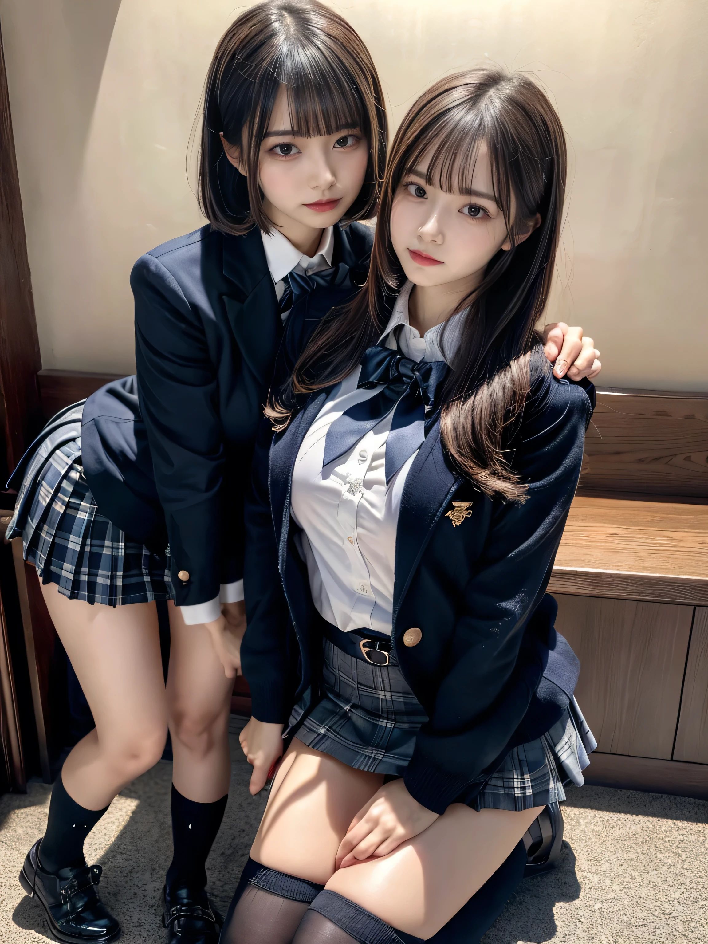 (8K, Raw photography, top-quality, masterpiece:1.2), muster piece, best quality, illustration, Super detailed, fine details, High resolution, 8K,wall paper, perfect dynamic composition,(Details High quality, realistic depiction of eyes:1.3), ((2 girls, 2 girls)), The background is a luxury hotel room、High school girl uniform、blazer 、Super Short Check Uniform Skirt、Navy blue high socks、garterbelts、Colossal tits、Disturbed uniform, Play with each other,Touching each other's bodies,Touching the body of the girl next door, short bob hair, black hair color, huge breasts, Big Natural Color Lip, bold sexy pose, (perfect body shape), crying a little、cold gaze, Harajuku style、Beautiful makeup,glitter makeup,Cutest 18 years old、 beautiful legs, hposing Gravure Idol, Voluptuous thighs
