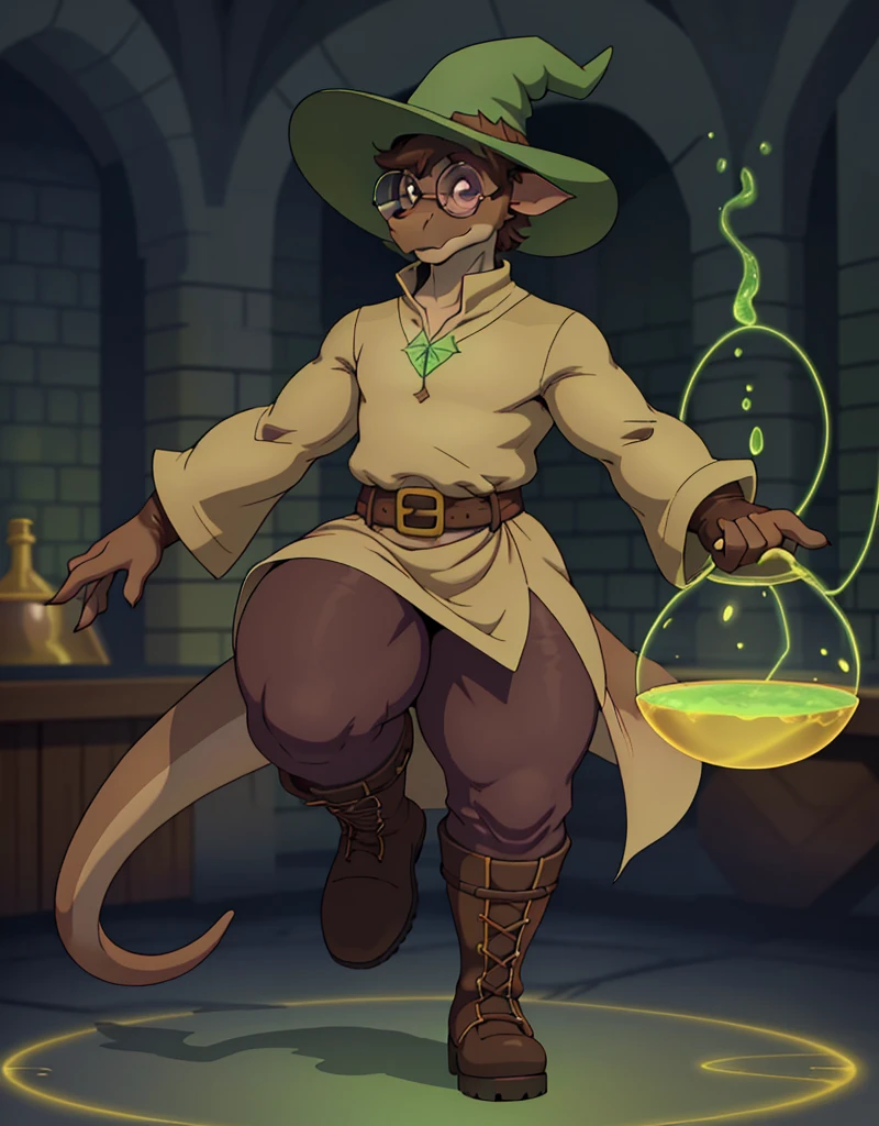 A male thick brown skiny furry dragon, thick thighs, wearing a tunic with long flowing sleeves, thigh pants, boots, round glasses, gloves, wizard hat, round snout, in a alchemy lab, solo, makeing potions, 