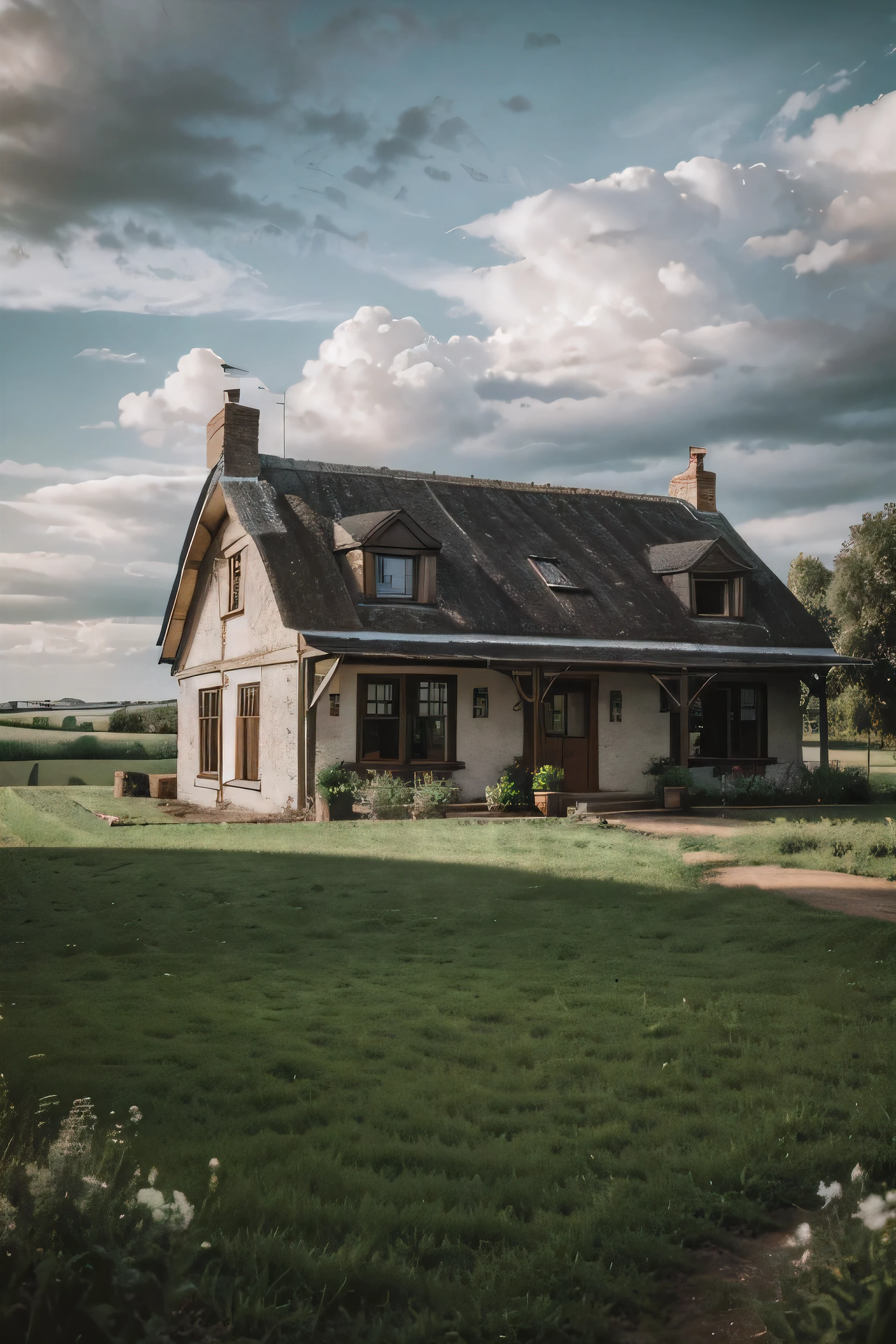 ((masterpiece:1.2, best quality)), vintage cottage view with beautiful country side landscape, cloudy day, wide shot, hyper realistic photo, raw photo,