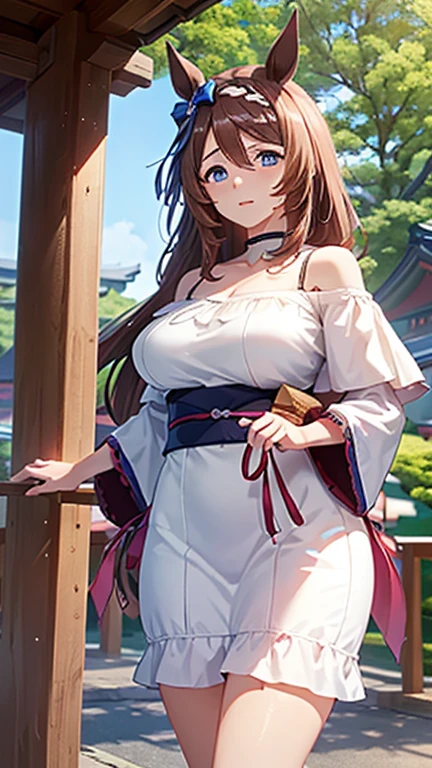 (((masterpiece))),(((High resolution)))、(((8K)))、super creek \(umamusume\)、(((perfect face)))、(((beauty of japan)))、40 years old、(((beautiful face))), (((off shoulder dress))), embarrassed look, look at the camera, (thighs)、top quality eyes, detailed texture, look at the camera, standing, big tits, plump
