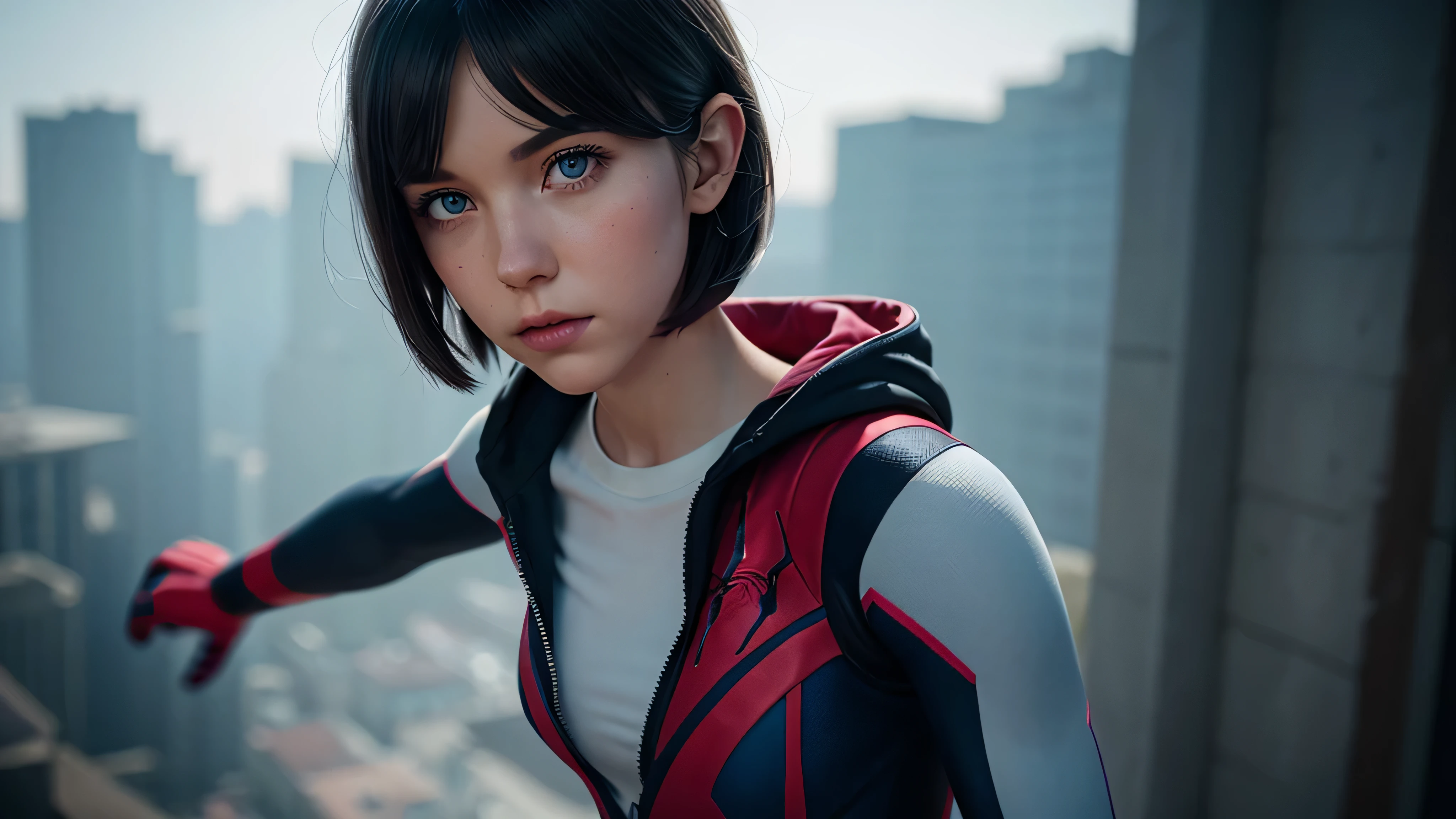 (((1 girl))), ((Spider-Gwen)), ((Spider-Gwen Outfit)), ((Spider-Gwen Haircut)), Textur, filmgrain, Hautporen, dusty atmospheric haze, Vignettierung, Falten, komplizierte Details:0.2 Intricate dramatic cinematic movie stills of a beautiful, elegant, Augenkontakt, (herablassendes, wirkliches Leben, HDR (Hoher dynamischer Bereich), Raytracing, NVIDIA RTX, super resolution, Unreal 5, selbstbewusstes Grinsen)1.2, (niedriger Winkel)1.2, Bokeh im Vordergrund, hasselblad RAW dramatisches Foto, (blue eyes), (city in Background), ((High detailed eyes))