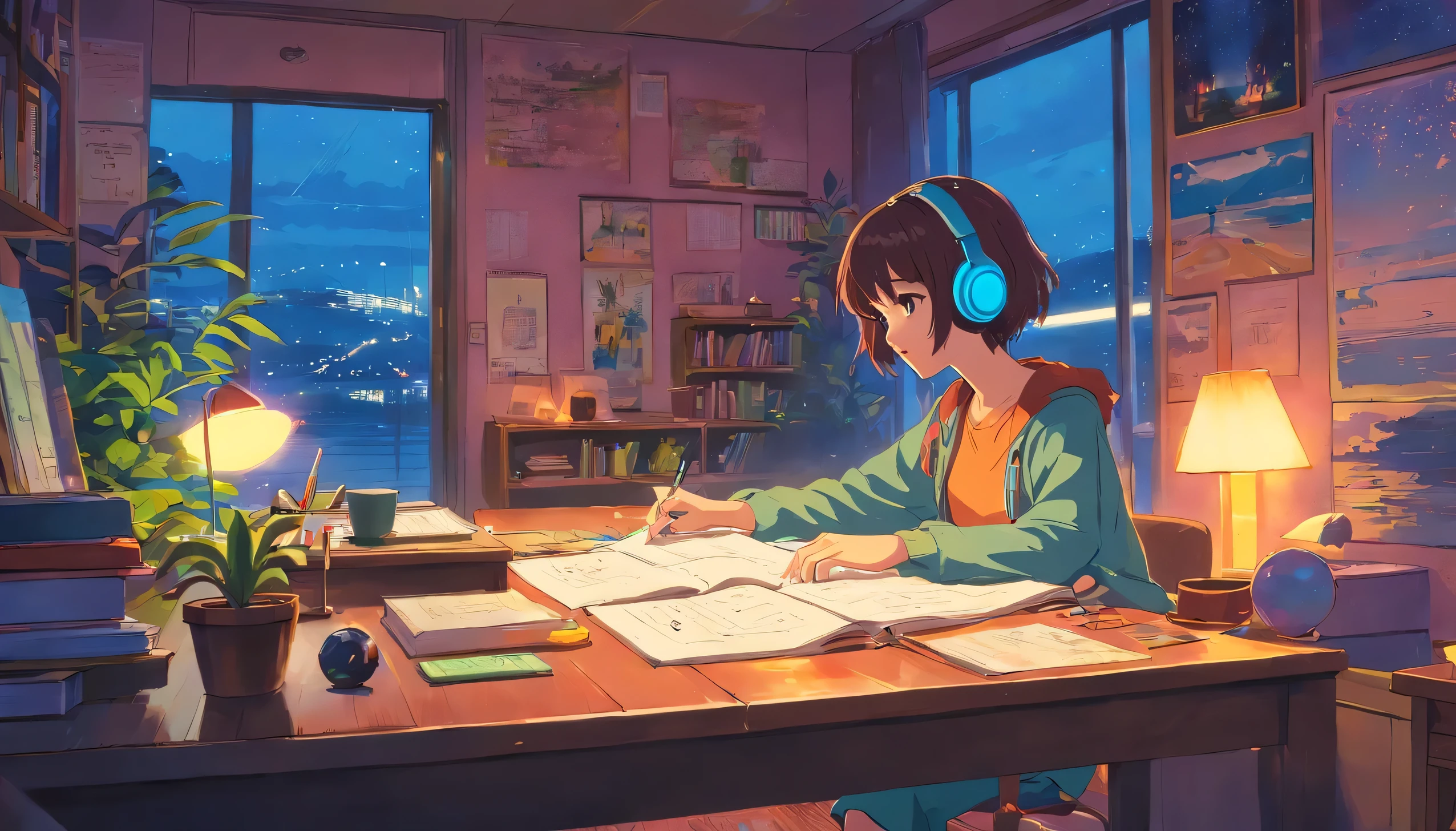 European hippie girl studying in her room, dream, Wear headphones, Night lighting, Neon scenery on a rainy day, Analog Color Theme, Lo-fi Hip Hop , retrospective exhibition, flat, 2.5D ,Draw a line, Ink drawing, Large slope, Watercolor, Goosh Colors, Studio Ghibli style, Great colorful, Outerton, Krautlock, Lofi Art,  70s style,Old Texture, amplitude,Psychedelic atmosphere, masterpiece, Great technology,