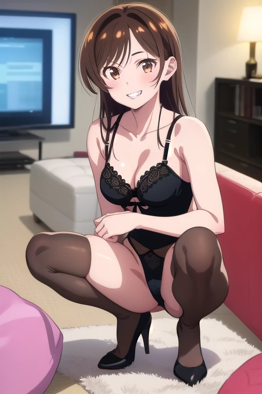(1 girl), (brown eyes), (Intricate iris detailing), (front), squatting:1.5, black lace lingerie, black stockings, grin smile, (Lower your eyes), (Chizuru Mizuhara), (living room background)