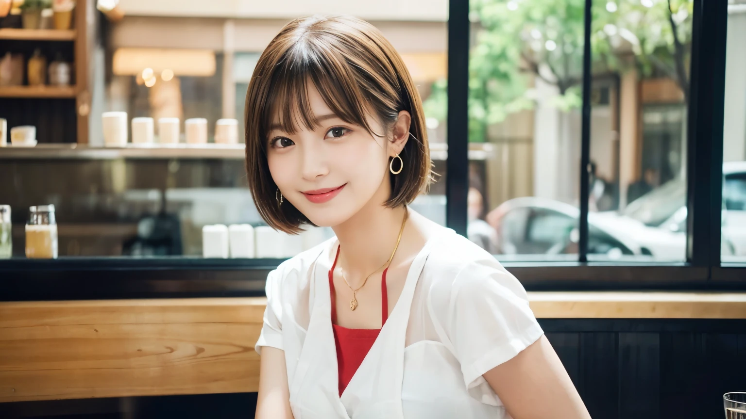 super high quality, Short Hair, Slender, Gravure photoshoot, The staff is working at the counter in the back., (8k、RAW Photos、highest quality、masterpiece:1.2), Japanese Idol, Shaggy, Stylish café, The cafe is crowded with people enjoying themselves., (Realistic、Photorealistic:1.37), Mesh Hair, Urban Cafe, Golden Ratio, Raw photo, Cute face , Light Brown Hair, Earrings, Small breasts, Bright cafe interior, Beauty salon model, Spring Clothes, necklace, White Shirt, Spoiled, Cafe Terrace, Open Cafe, Open Cafeの前に高級車, Smile, Hair blowing in the wind, Neat clothes, 18-year-old, younger sister, 

