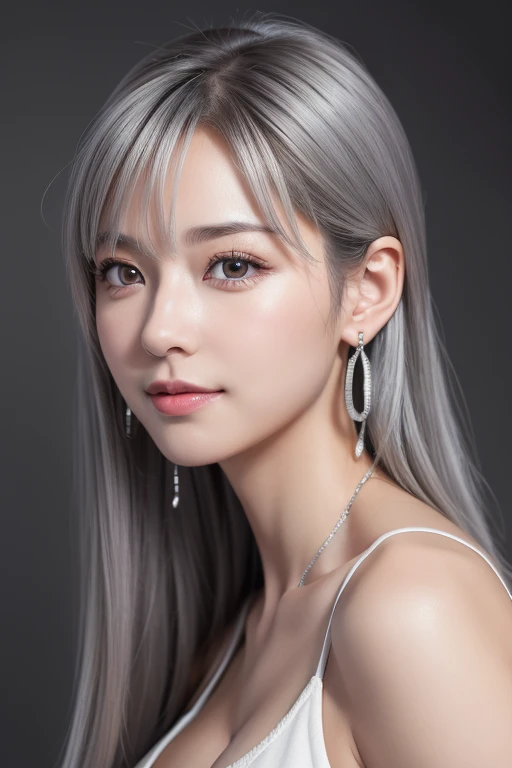 8k wallpaper, RAW Photos, (A small smile:1.1)、( Big Breasts :1.4 )、( Diamond Earrings )、( 14 years old beautiful )、( Silver-gray hair )、( Silver Eyes )、 highest quality、 masterpiece:1.2、( High Contrast、 Ultra-high resolution、すべてがUltra-high resolutionでレンダリングされます、Masseter region、 Attention to detail、Realistic photorealism:1.37、)、Portraiture、The perfect angle、 Professional photos, With a smile、ponytail
