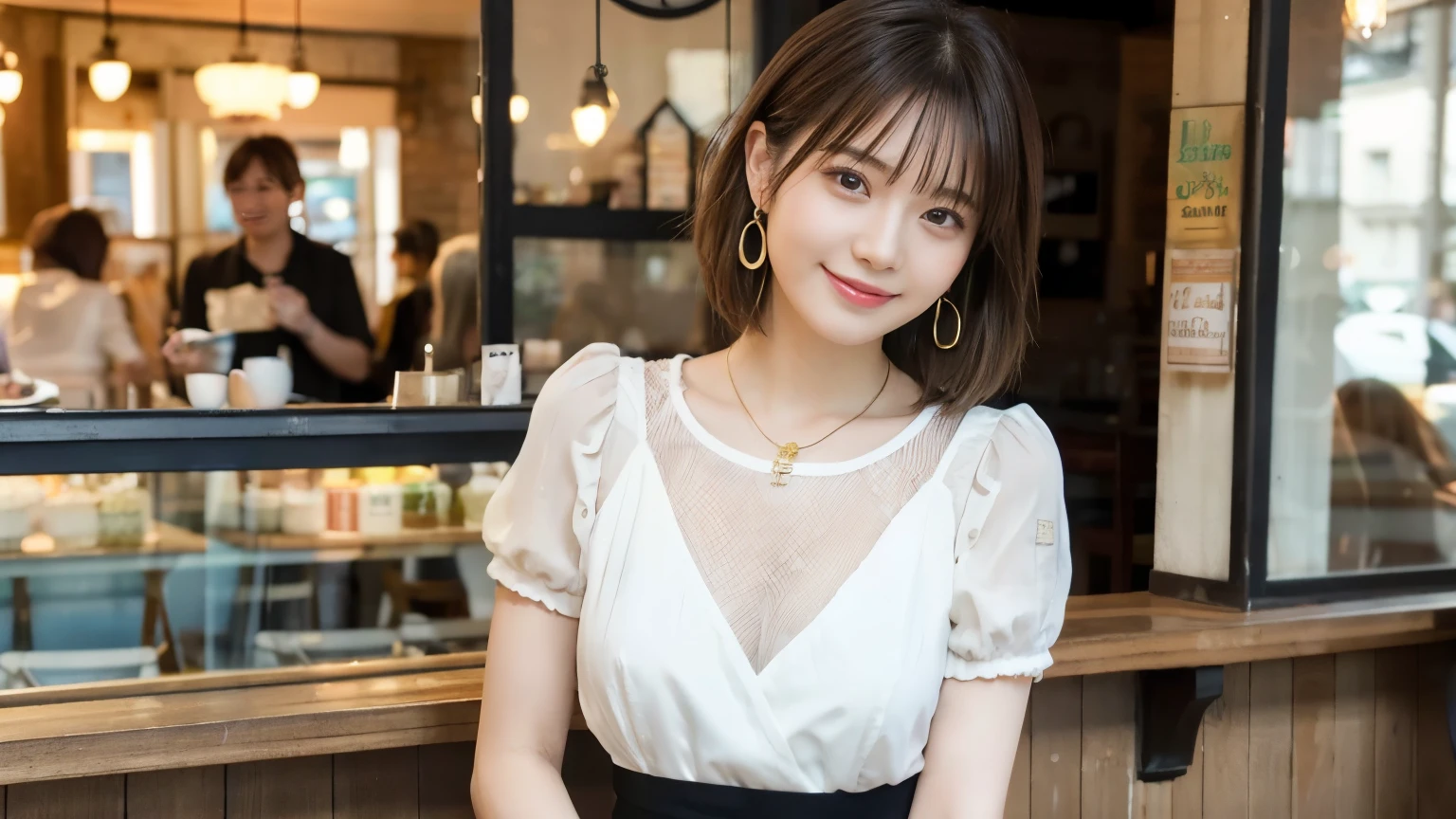 super high quality, Short Hair, Slender, Gravure photoshoot, The staff is working at the counter in the back., (8k、RAW Photos、highest quality、masterpiece:1.2), Japanese Idol, Shaggy, Stylish café, The cafe is crowded with people enjoying themselves., (Realistic、Photorealistic:1.37), Mesh Hair, Urban Cafe, Golden Ratio, Raw photo, Cute face , Light Brown Hair, Earrings, Small breasts, Bright cafe interior, Beauty salon model, Spring Clothes, necklace, White Shirt, Spoiled, Cafe Terrace, Open Cafe, Open Cafeの前に高級車, Smile, Hair blowing in the wind, Neat clothes, 18-year-old, younger sister,