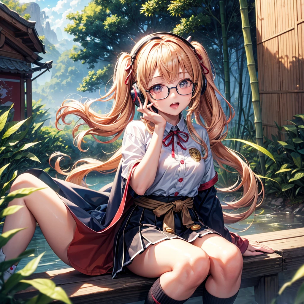 Pink Blue Gold Golden Hair、Golden Eyes、One good looking girl、Twin tails、solo、anime、Checkered mini skirt、The skirt has buttons、Red T-shirt、China、Cape、Black knee-high socks、Wearing headphones、Wearing a ribbon、Ribbon on waist、Tilting face、Teeth are visible、Sunset sky、Water Mountain、Piercing the clouds、Contrail、Glasses、tree、Sitting、Touching your face、lotus leaves、canal、Cumulonimbus、bamboo forest