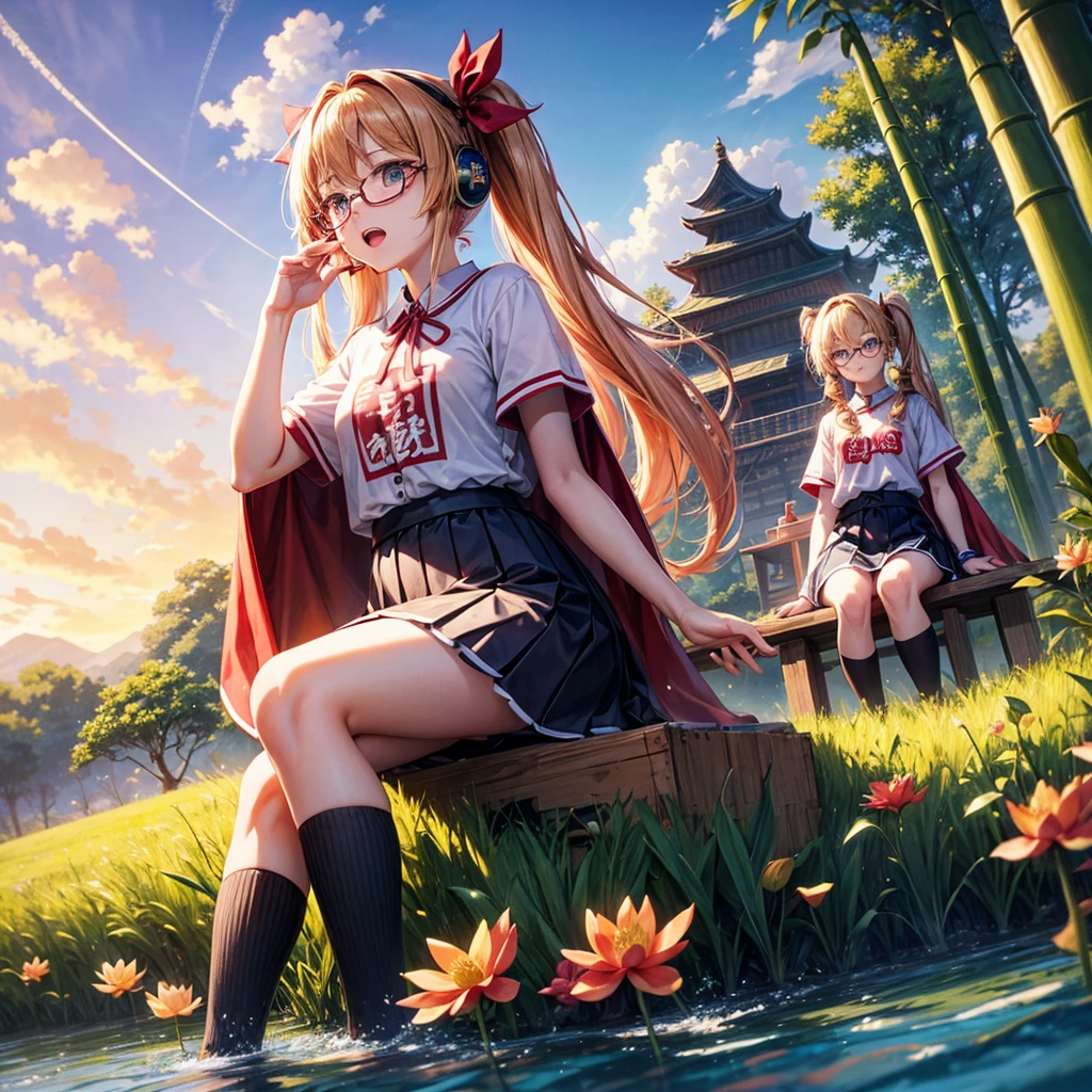 Pink Blue Gold Golden Hair、Golden Eyes、Two good looking girls、Twin tails、solo、anime、Checkered mini skirt、The skirt has buttons、Red T-shirt、China、Cape、Black knee-high socks、Wearing headphones、Wearing a ribbon、Ribbon on waist、Tilting face、Teeth are visible、Sunset sky、Water Mountain、Piercing the clouds、Contrail、Glasses、tree、Sitting、Touching your face、lotus leaves、canal、Cumulonimbus、bamboo forest、Facing each other