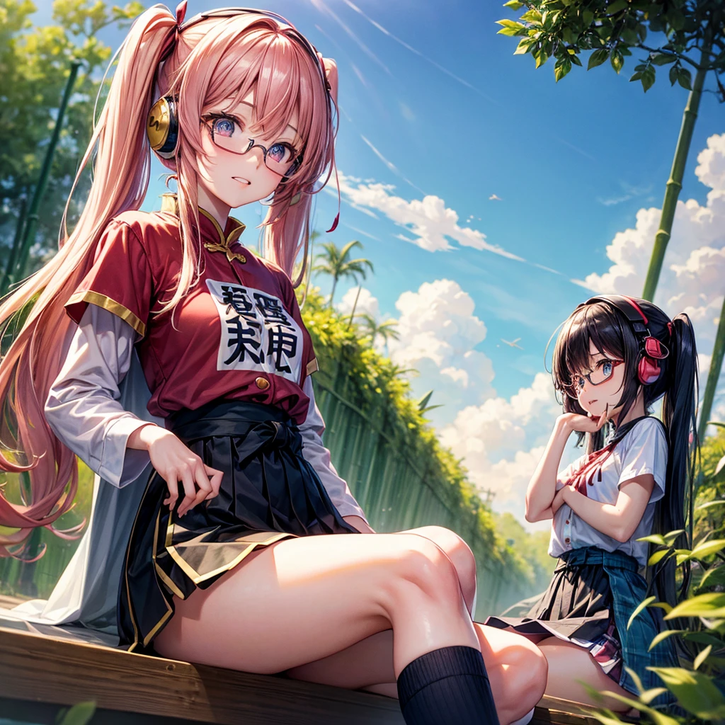 Pink Blue Gold Golden Hair、Golden Eyes、Two good looking girls、Twin tails、solo、anime、Checkered mini skirt、The skirt has buttons、Red T-shirt、China、Cape、Black knee-high socks、Wearing headphones、Wearing a ribbon、Ribbon on waist、Tilting face、Teeth are visible、Sunset sky、Water Mountain、Piercing the clouds、Contrail、Glasses、tree、Sitting、Touching your face、lotus leaves、canal、Cumulonimbus、bamboo forest、Facing each other