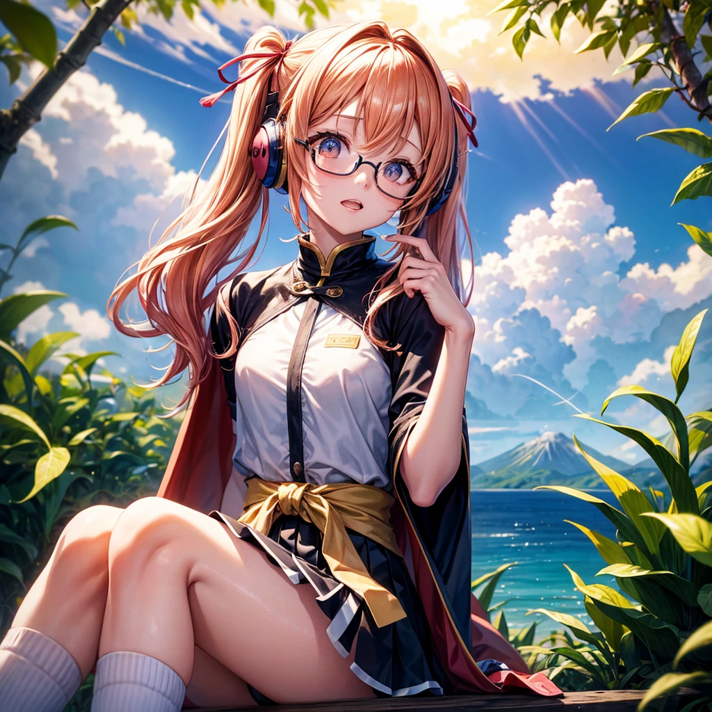 Pink Blue Gold Golden Hair、Golden Eyes、Two good looking girls、Twin tails、solo、anime、Checkered mini skirt、The skirt has buttons、Red T-shirt、China、Cape、Black knee-high socks、Wearing headphones、Wearing a ribbon、Ribbon on waist、Tilting face、Teeth are visible、Sunset sky、Water Mountain、Piercing the clouds、Contrail、Glasses、tree、Sitting、Touching your face、lotus leaves、canal、Cumulonimbus、bamboo forest、Facing each other