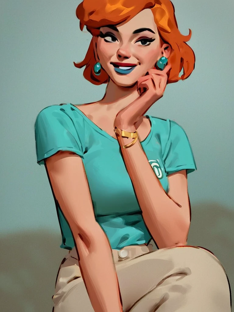 score_9_up,score_8_up,score_6,score_5,score_4,,lois, 1girl, blue earrings, jewelry, short hair, solo, lipstick, makeup, orange hair, aqua shirt, beige pants, breasts, flat color, smile,looking at viewer,sitting on coach,    