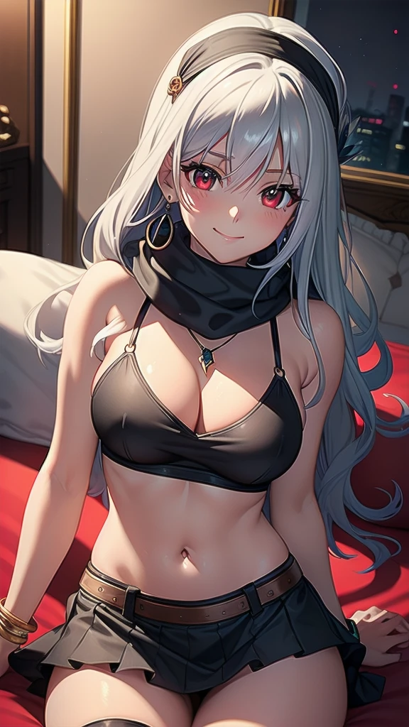 masterpiece, best quality, 1 solo girl, silver hair, red eyes, long hair, medium breasts, sexy body and face, wavy hair, smile, sleeveless shirt, scarf, black thigh-high, mini skirt, pendant, bracelet, jewelry, earrings, feather hair ornament, book, lying at the bed, night, sexy pose, cowboy shots, detailed body, face, and eyes, sharp focus, vibrant, creative, dynamic, high definition, high resolution, 8k, (Upscale: R-ESRGAN 4x+ Anime6mage enchance:4x), voluptuous body, cinema lightning, dakimakura style, looking at the viewer,