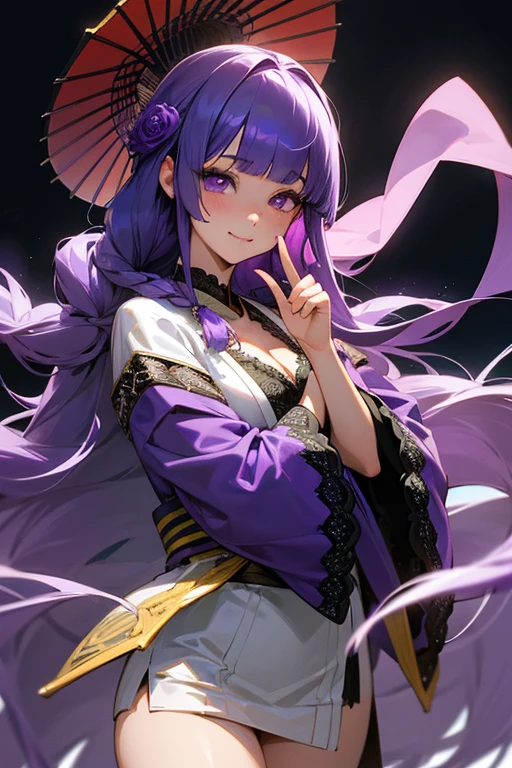 1 girl, Blunt bangs, Braiding, Wide sleeves, hair ornaments, kimono, Yellow and navy lace、(Purple Hair:1.2), Very long hair, Straight hair, Looking at the audience, Highly detailed background, (Realistic:1.2), Beautiful Eyes, Red eyeshadow, Written boundary depth,thigh, (Ulzzang-6500:0.7), Upper Body, (alone:1.2), Cleavage, Shiny skin、Hair blowing in the wind、Four fingers, One thumb、rose、smile、Eyes are violet、Eye highlights、
