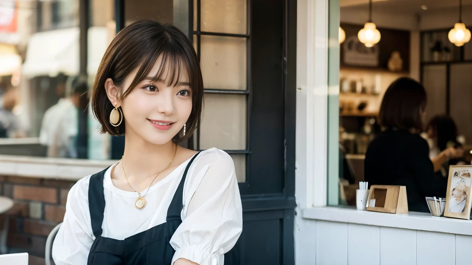 super high quality, Short Hair, Slender, Gravure photoshoot, The staff is working at the counter in the back., (8k、RAW Photos、highest quality、masterpiece:1.2), Japanese Idol, Shaggy, Stylish café, The cafe is crowded with people enjoying themselves., (Realistic、Photorealistic:1.37), Mesh Hair, Urban Cafe, Golden Ratio, Raw photo, Cute face , Light Brown Hair, Earrings, Small breasts, Bright cafe interior, Beauty salon model, Spring Clothes, necklace, White Shirt, Spoiled, Cafe Terrace, Open Cafe, Open Cafeの前に高級車, Smile, Hair blowing in the wind, Neat clothes, 18-year-old, younger sister,
