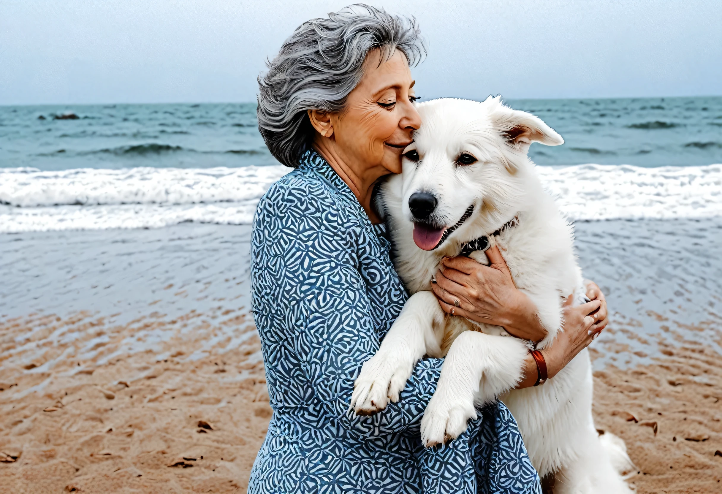 Photo of a woman in her 50s hugging a white dog on the beach, photomosaic, 8x, Pets, Highly detailed photo portrait, High-quality portraits, BL, Matte Photorealistic, large portrait, Transparent Background, Petss, ah、God