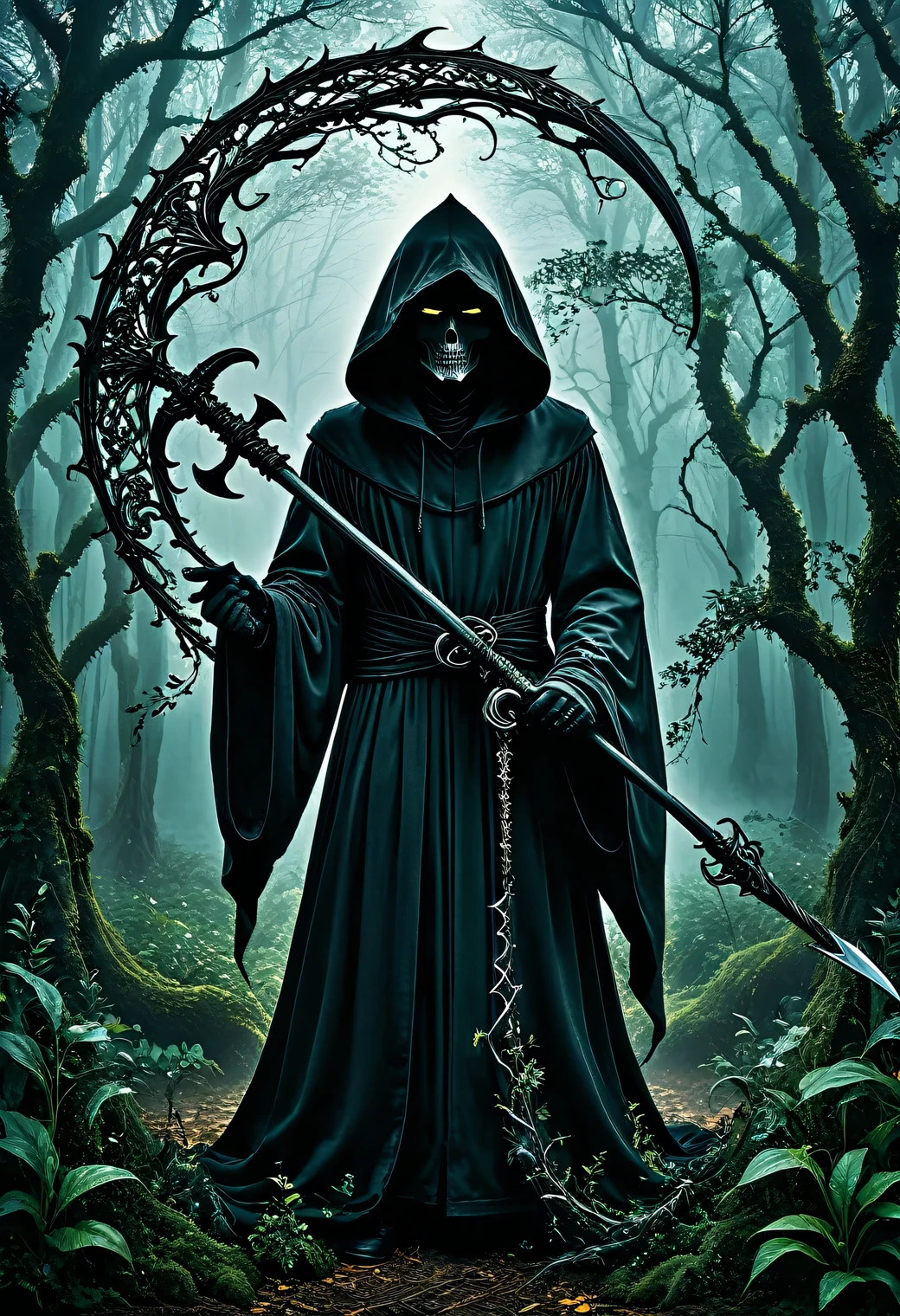 ((Dark Art)), ((Dark fantasy style)), The photo was taken with a Nikon Z 6II camera with a Nikon NIKKOR Z 24-120 mm lens, a portrait of a Black Grim Reaper holding a large black scythe in his hand, dressed in a dark hoodie and hood, the branches around are intertwined with the stems of the surrounding plants of the magical forest, a full body, full pose, style, grace, mesmerizing, the work of a master of black and white art, filigree, intricate, volumetric depth, illusion in the image, 35 mm, f/3, 1/25 sec., ISO 120.