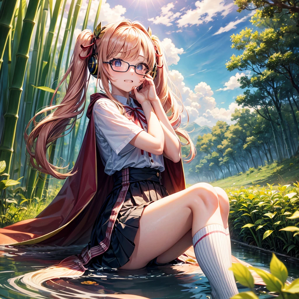 Pink Blue Gold Golden Hair、Golden Eyes、Two good looking girls、Twin tails、solo、anime、Checkered mini skirt、The skirt has buttons、Red T-shirt、China、Cape、Black knee-high socks、Wearing headphones、Wearing a ribbon、Ribbon on waist、Tilting face、Teeth are visible、Sunset sky、Water Mountain、Piercing the clouds、Contrail、Glasses、tree、Sitting、Touching your face、lotus leaves、canal、Cumulonimbus、bamboo forest、Facing each other