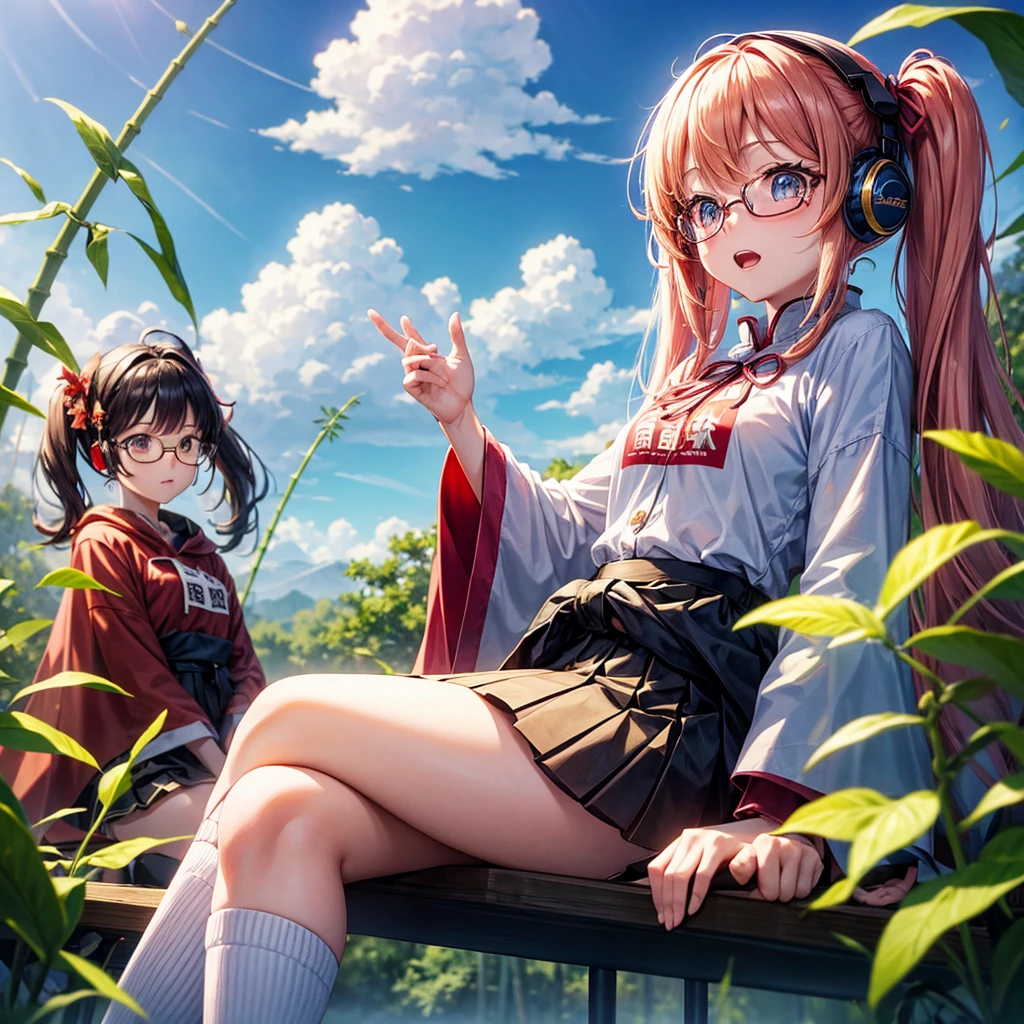 Pink Blue Gold Golden Hair、Golden Eyes、Two good looking girls、Twin tails、solo、anime、Checkered mini skirt、The skirt has buttons、Red T-shirt、China、Cape、Black knee-high socks、Wearing headphones、Wearing a ribbon、Ribbon on waist、Tilting face、Teeth are visible、Sunset sky、Water Mountain、Piercing the clouds、Contrail、Glasses、tree、Sitting、Touching your face、lotus leaves、canal、Cumulonimbus、bamboo forest、Facing each other